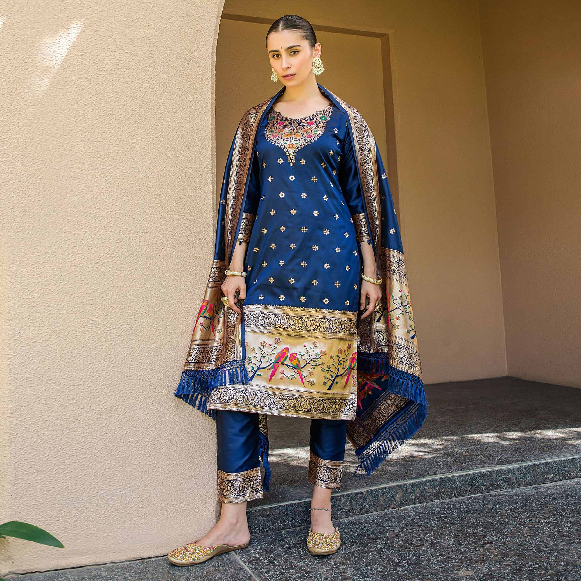 Navy Blue Floral Woven Banarasi Silk Paithani Dress Material