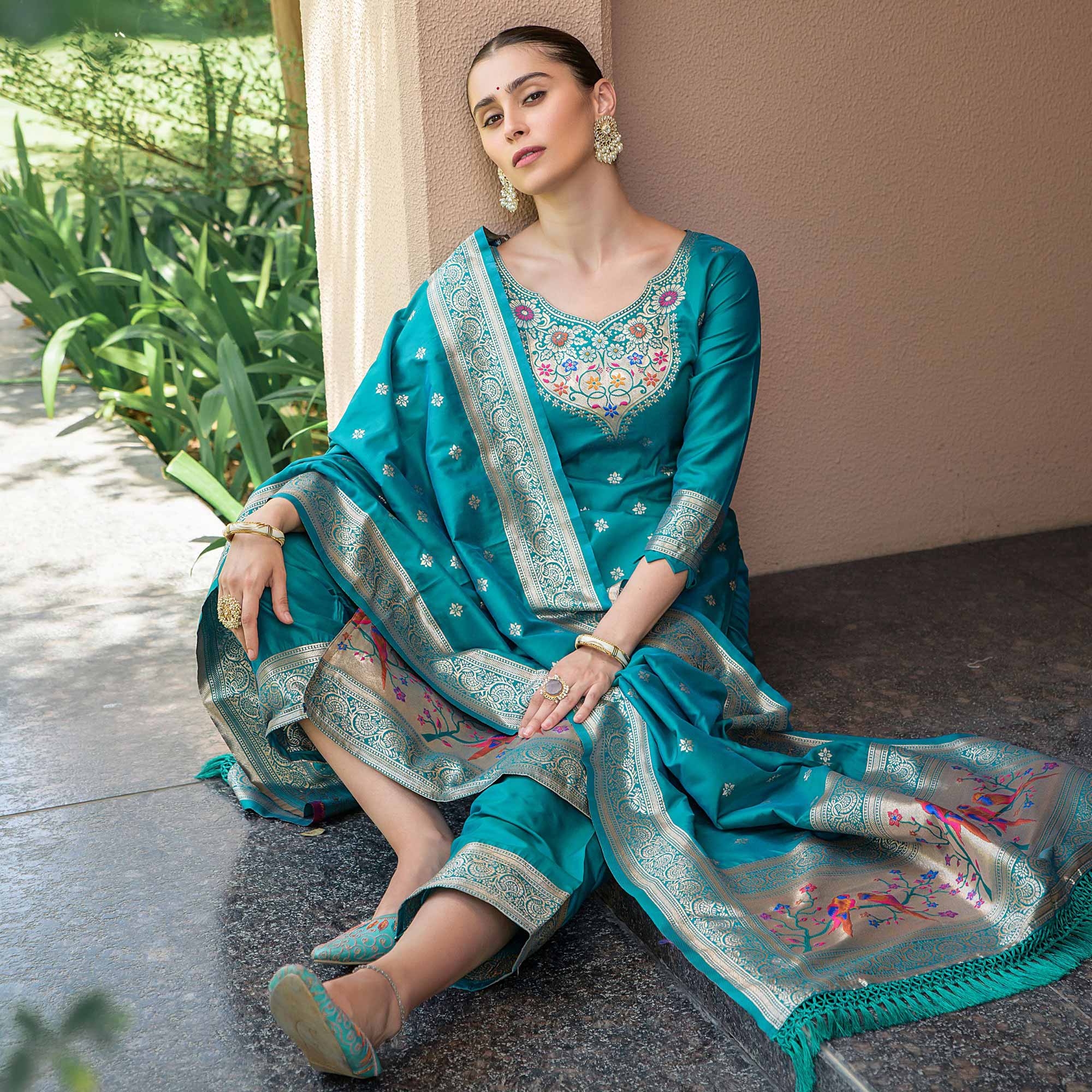 Rama Blue Floral Woven Banarasi Silk Paithani Dress Material