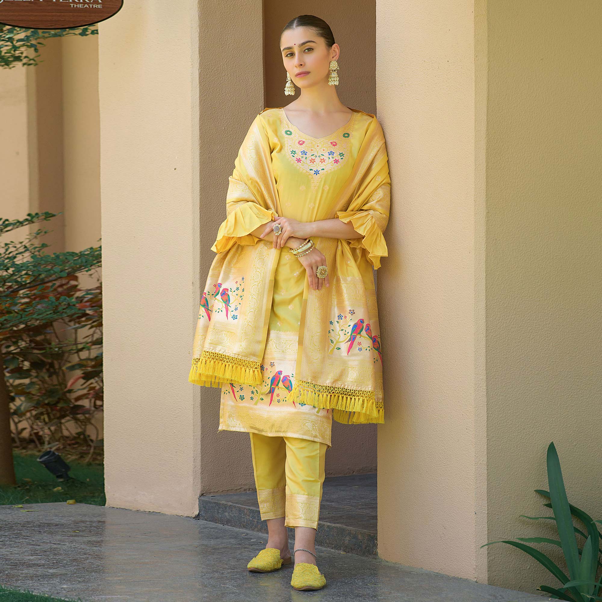 Yellow Floral Woven Banarasi Silk Paithani Dress Material