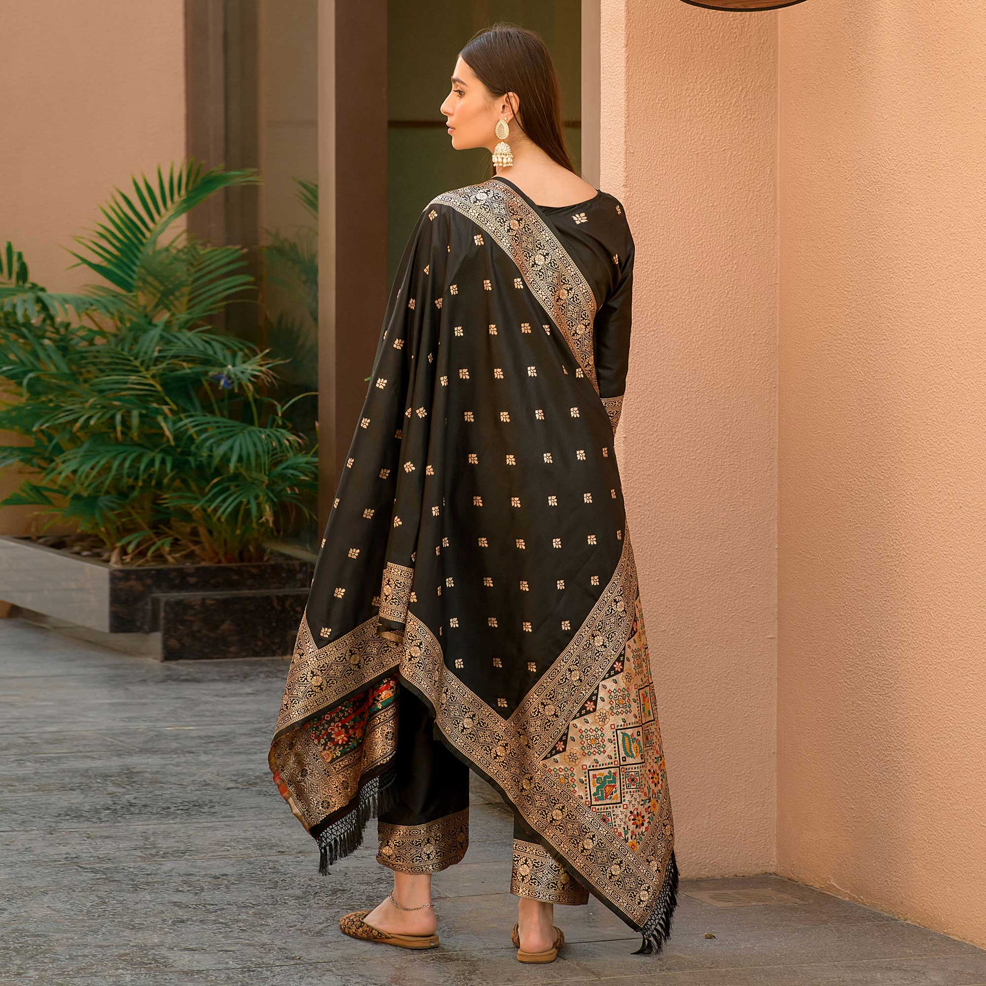 Black Floral Woven Banarasi Silk Paithani Dress Material