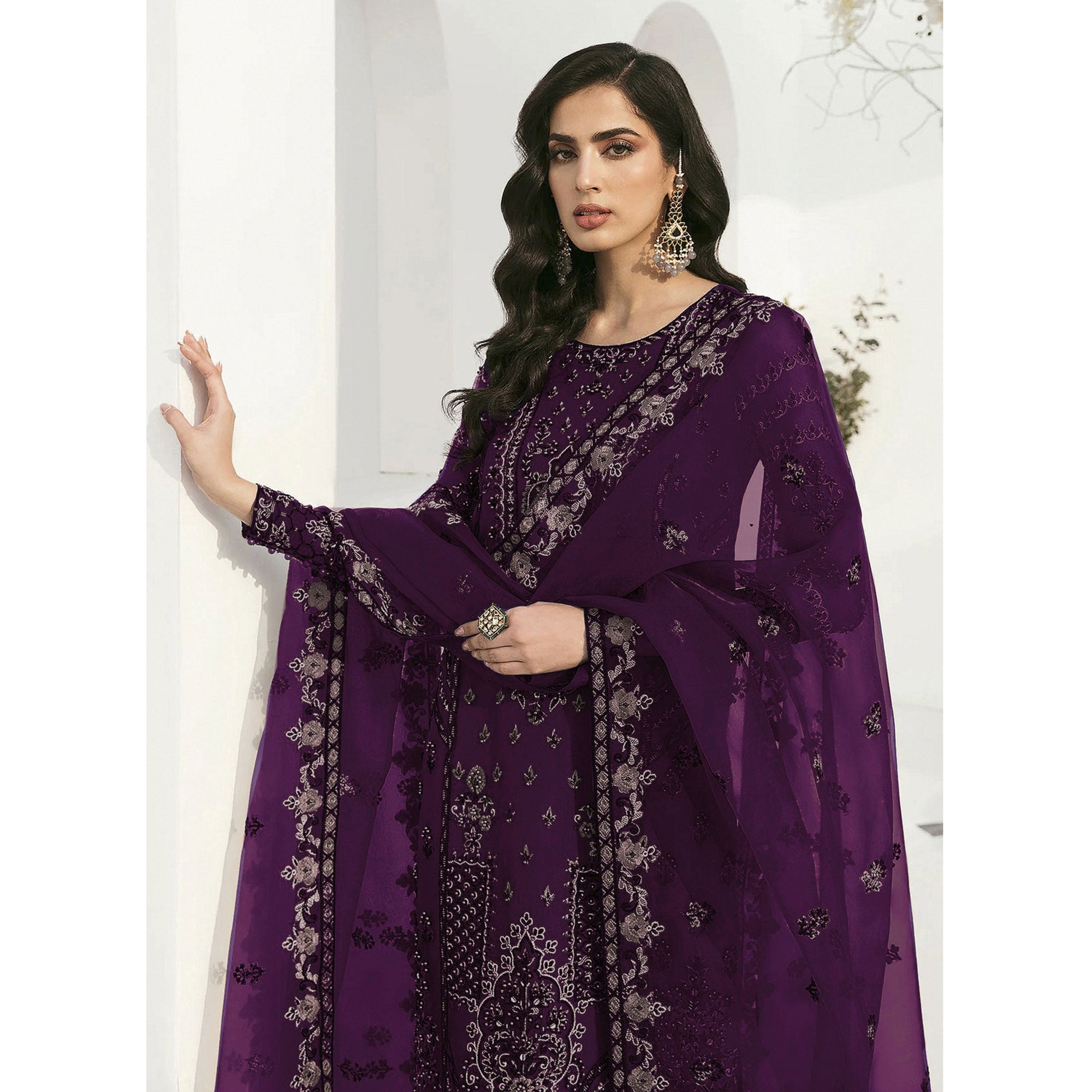 Purple Floral Embroidered Georgette Semi Stitched Pakistani Suit