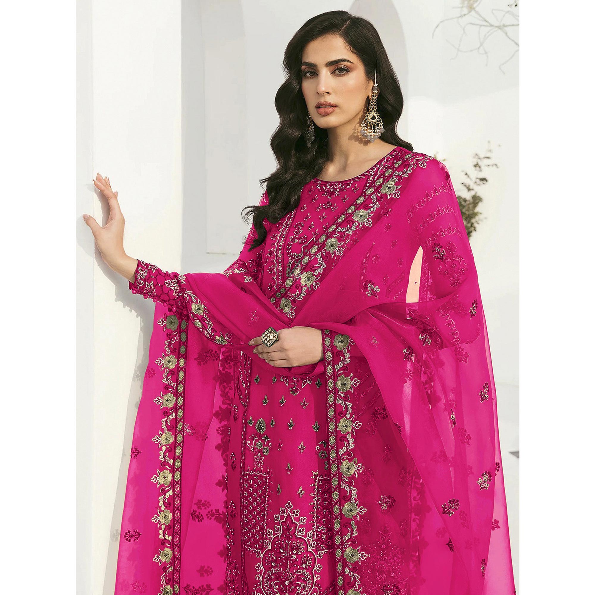 Pink Floral Embroidered Georgette Semi Stitched Pakistani Suit