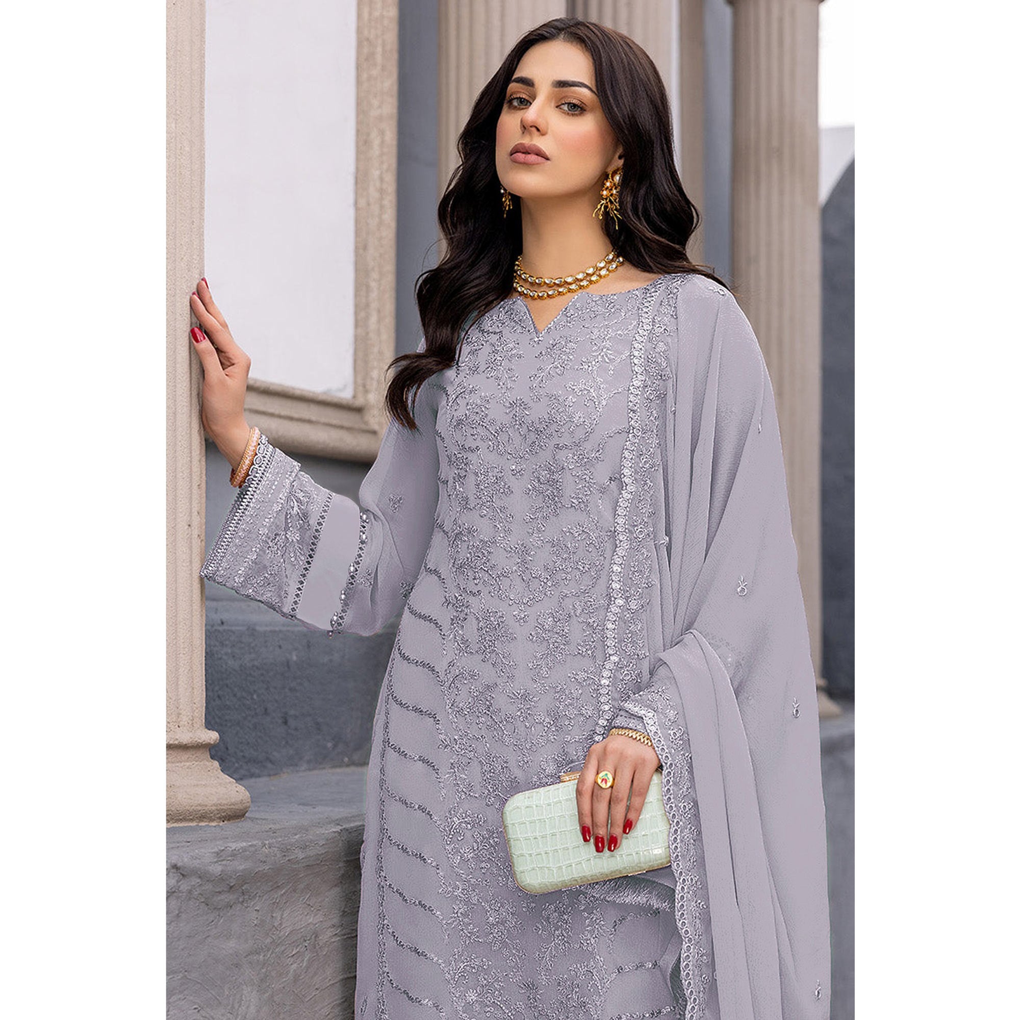 Violet Floral Embroidered Georgette Semi Stitched Suit