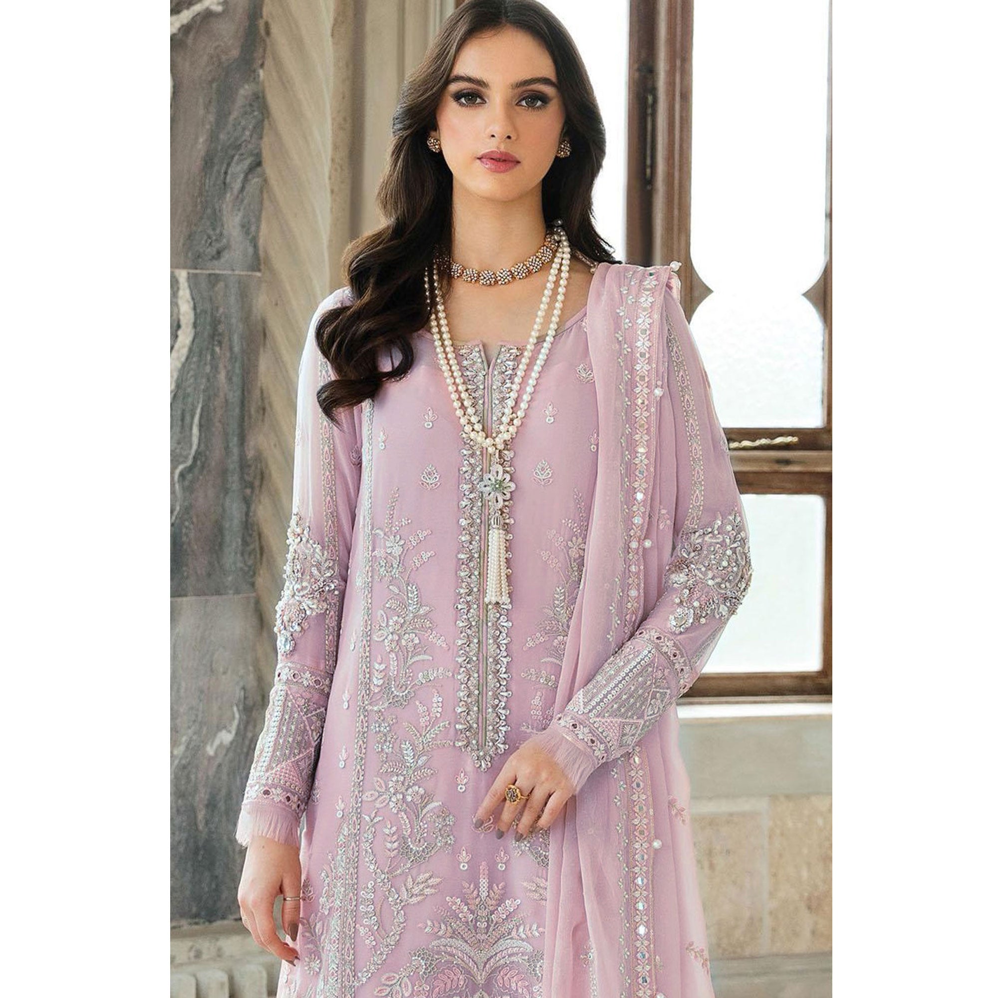 Pink Floral Sequins Embroidered Georgette Semi Stitched Suit
