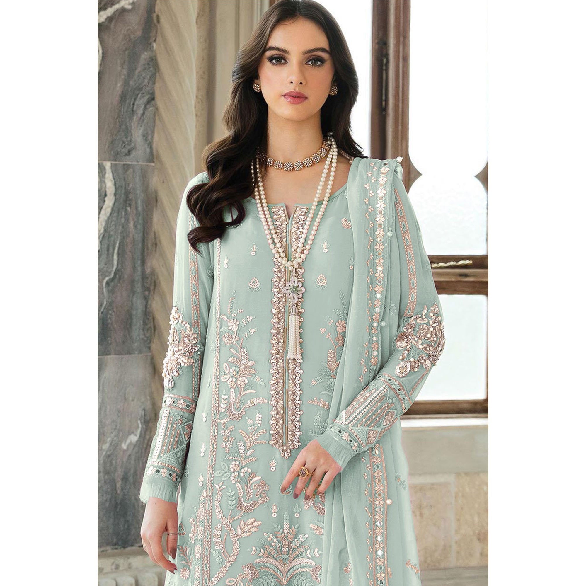 Green Floral Sequins Embroidered Georgette Semi Stitched Suit