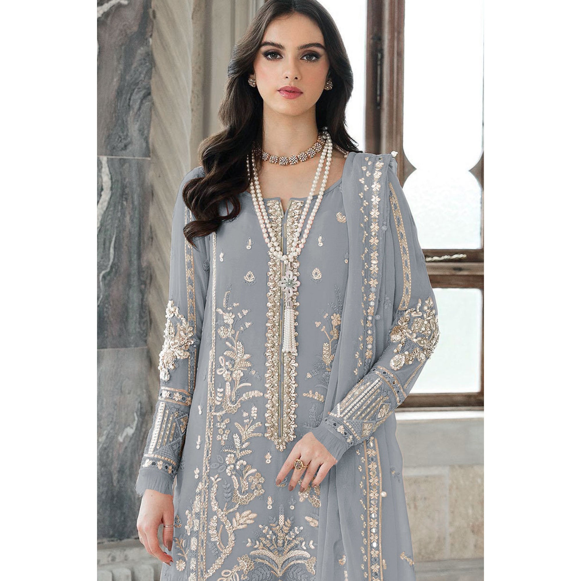 Grey Floral Sequins Embroidered Georgette Semi Stitched Suit