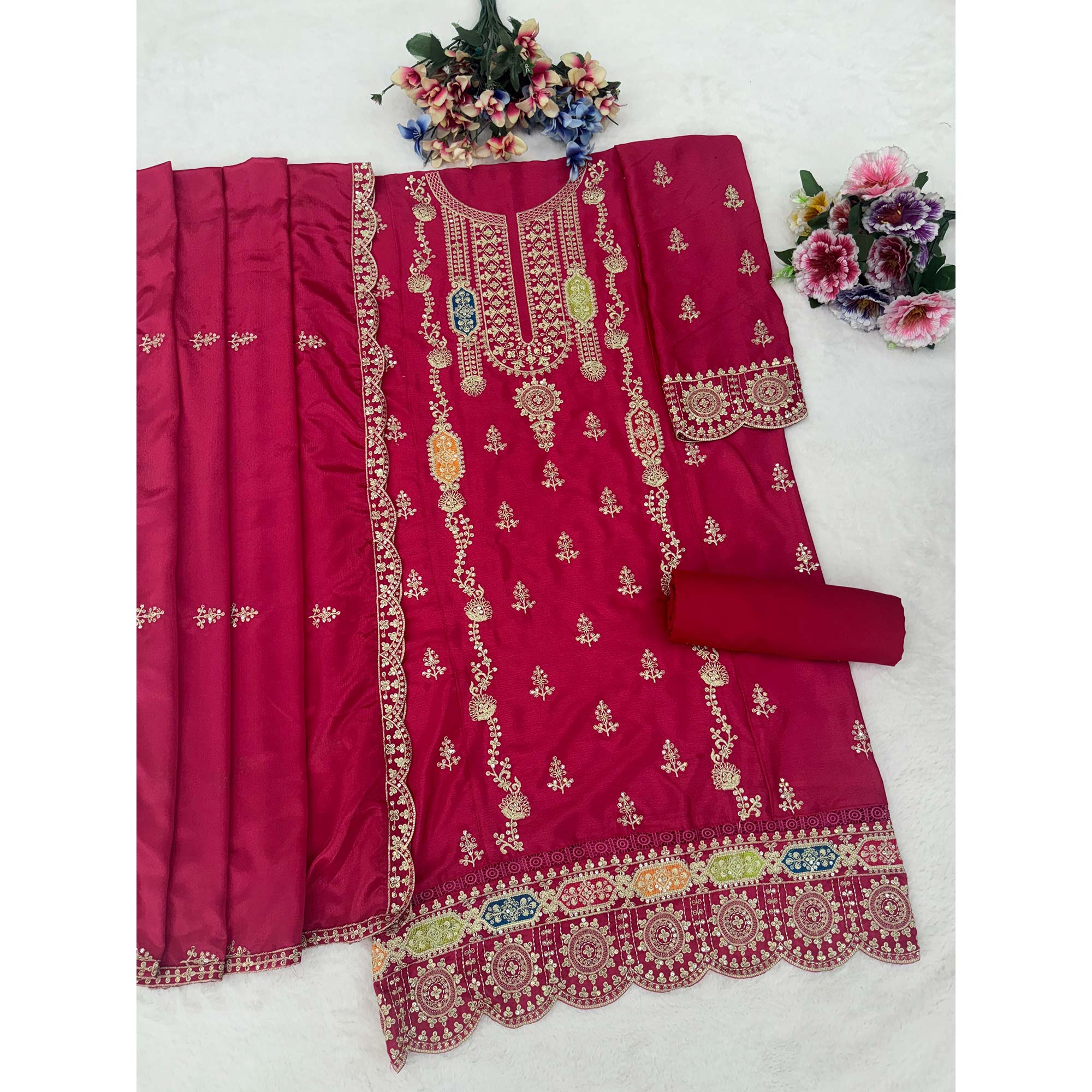 Pink Chinon Semi-Stitched Pakistani Salwar Suit with Elegant Golden Thread Embroidery