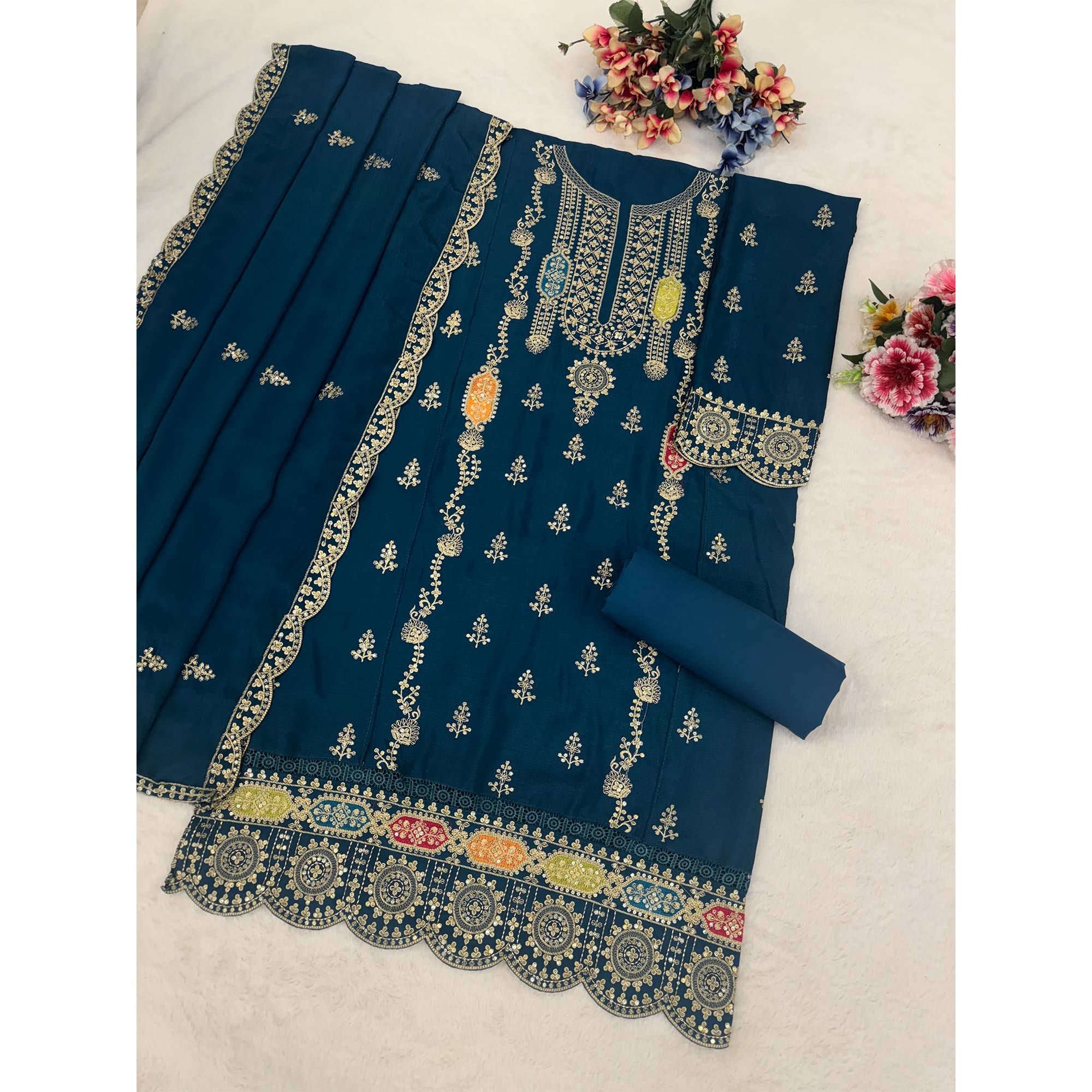 Teal Chinon Semi-Stitched Pakistani Salwar Suit with Elegant Golden Thread Embroidery