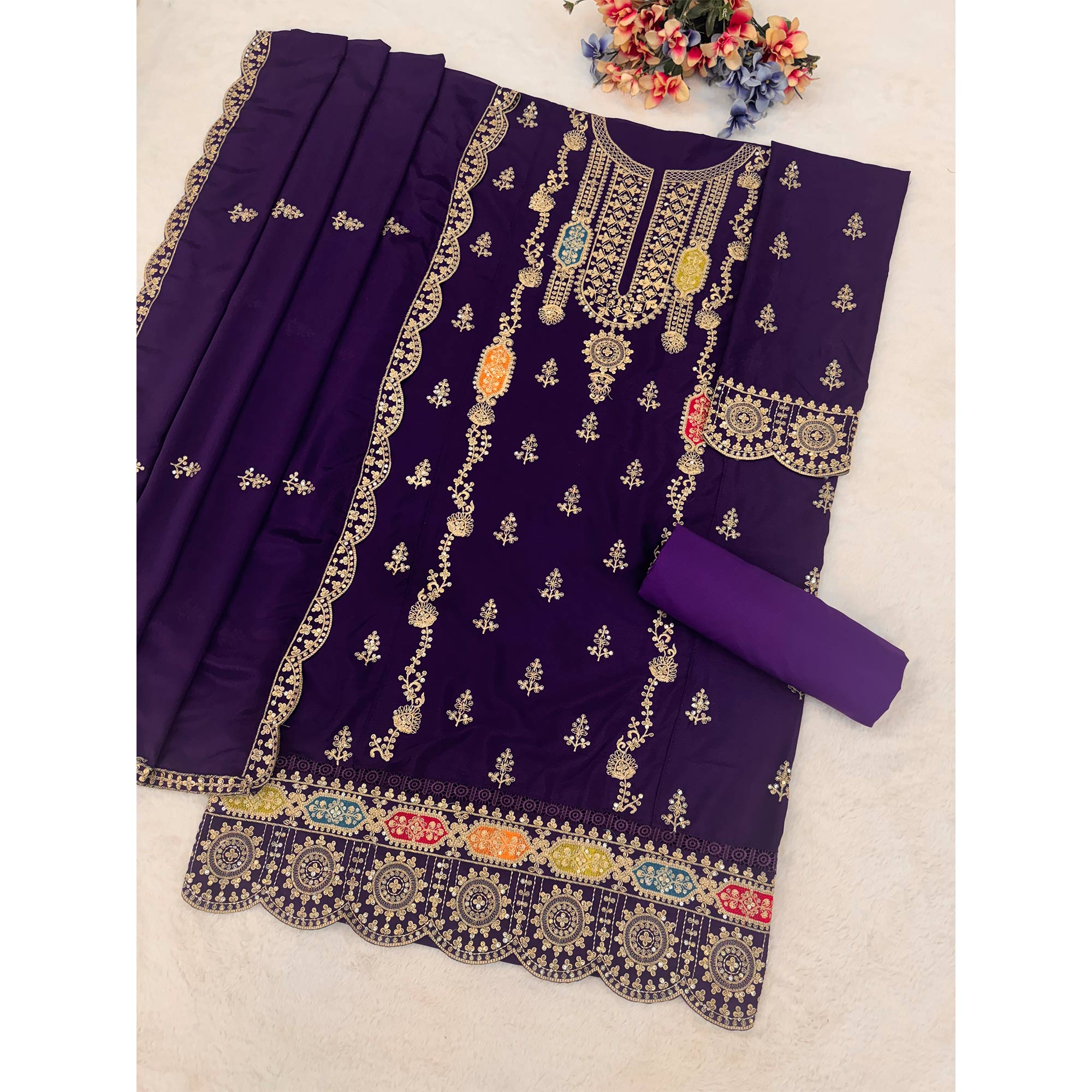 Violet Chinon Semi-Stitched Pakistani Salwar Suit with Elegant Golden Thread Embroidery