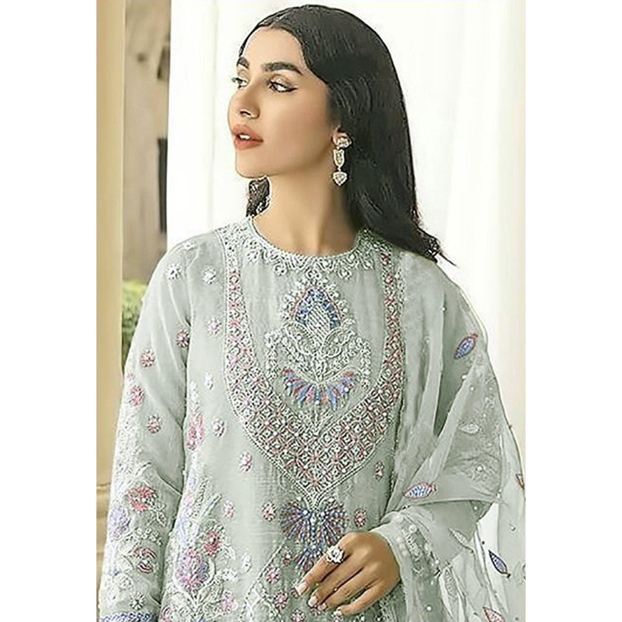 Green Floral Embroidered Georgette Semi Stitched Pakistani Suit