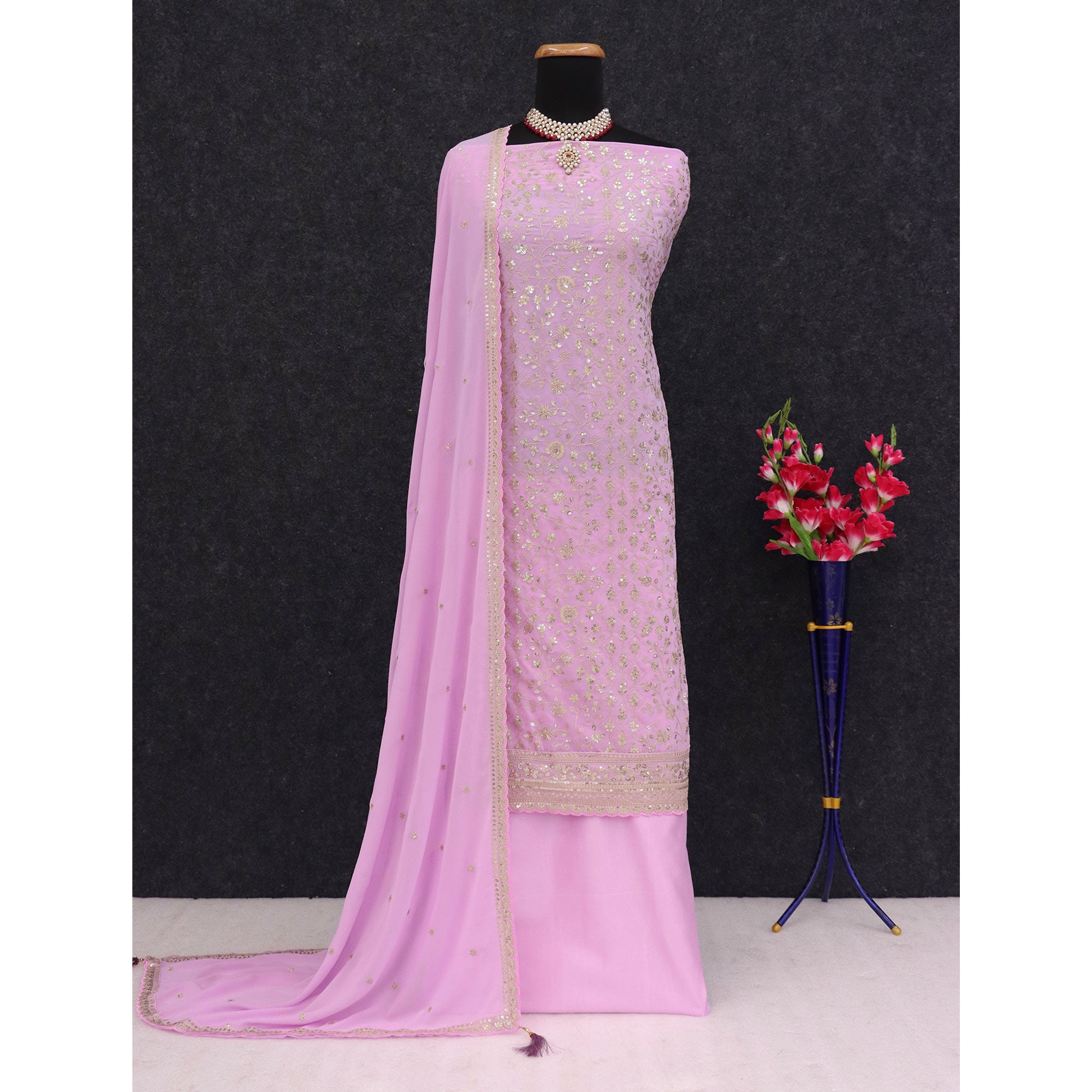 Light Pink Floral Sequins Embroidery Georgette Semi Stitched Salwar Suit