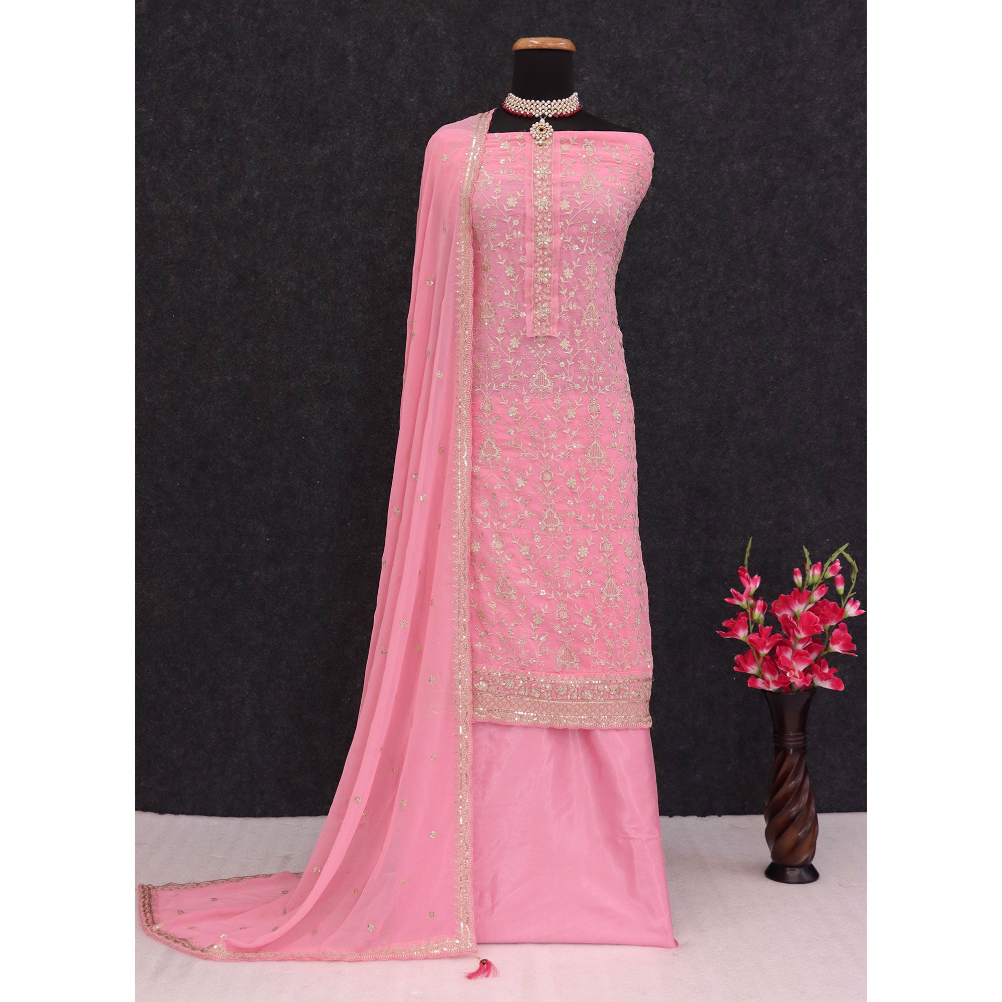 Pink Floral Sequins Embroidery Georgette Semi Stitched Salwar Suit