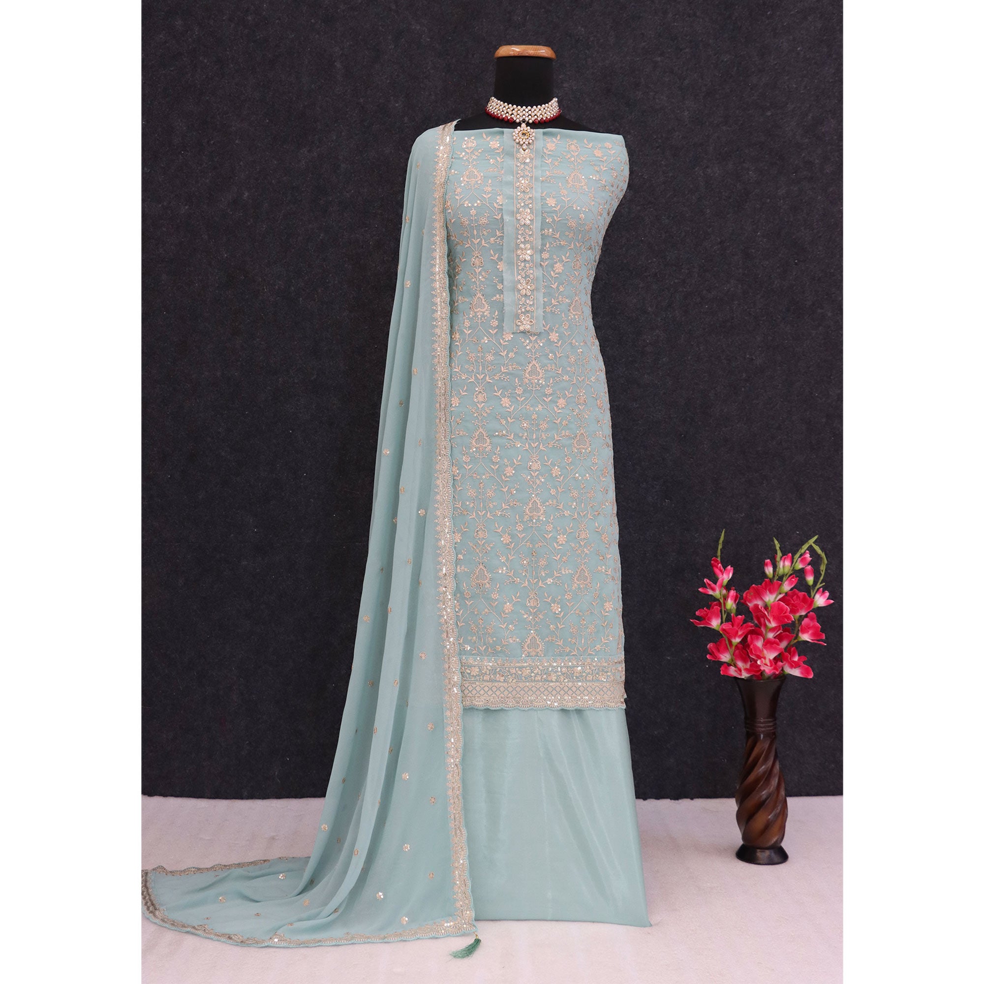 Pale Blue Floral Sequins Embroidery Georgette Semi Stitched Salwar Suit