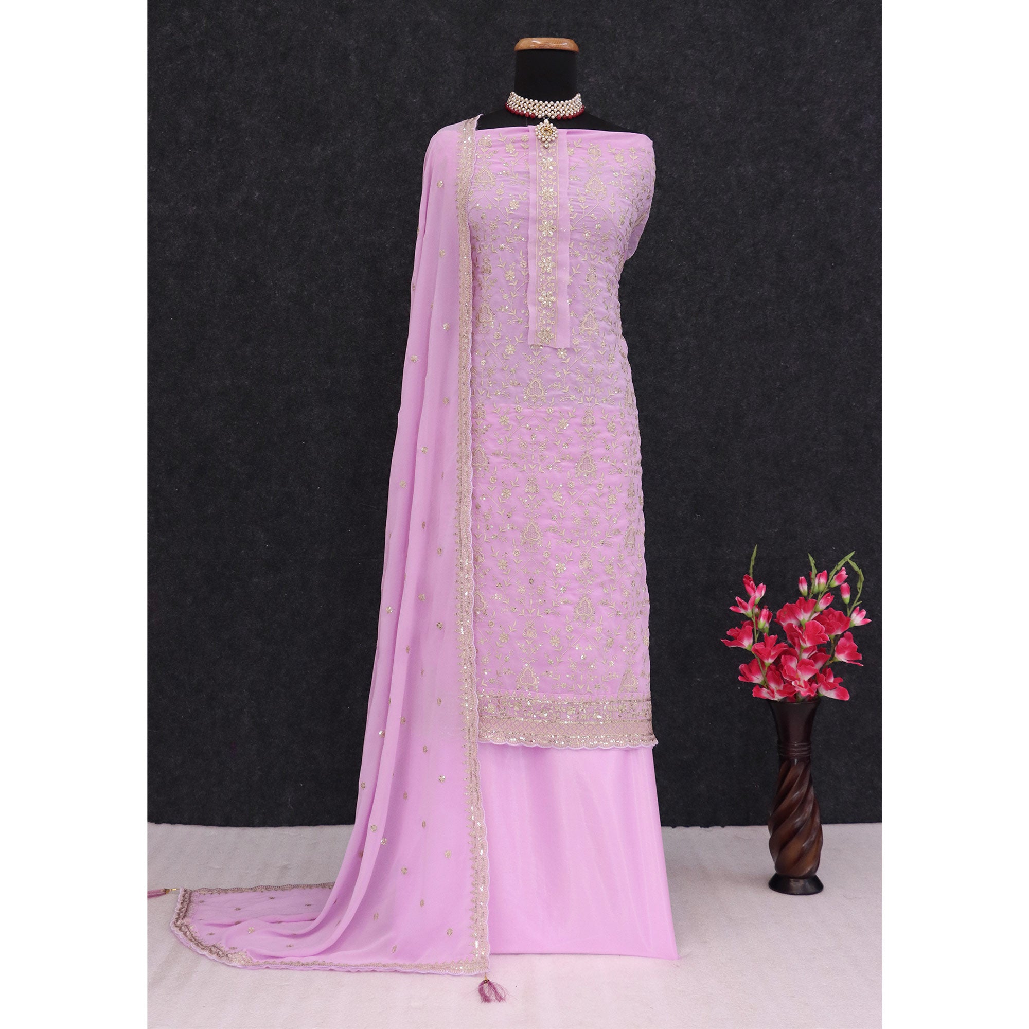 Light Pink Floral Sequins Embroidery Georgette Semi Stitched Salwar Suit