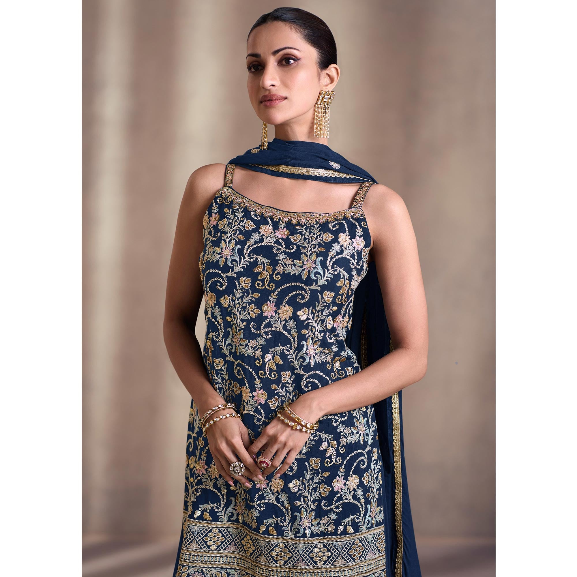 Teal Embroidered Georgette Semi Stitched Dress Material
