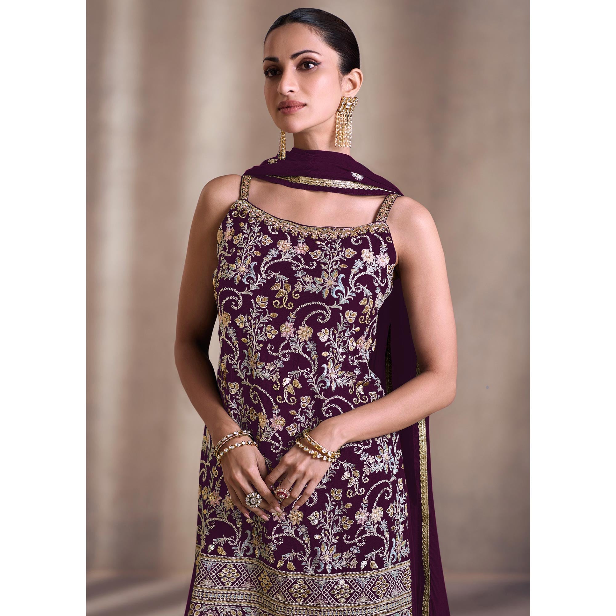 Purple Embroidered Georgette Semi Stitched Dress Material