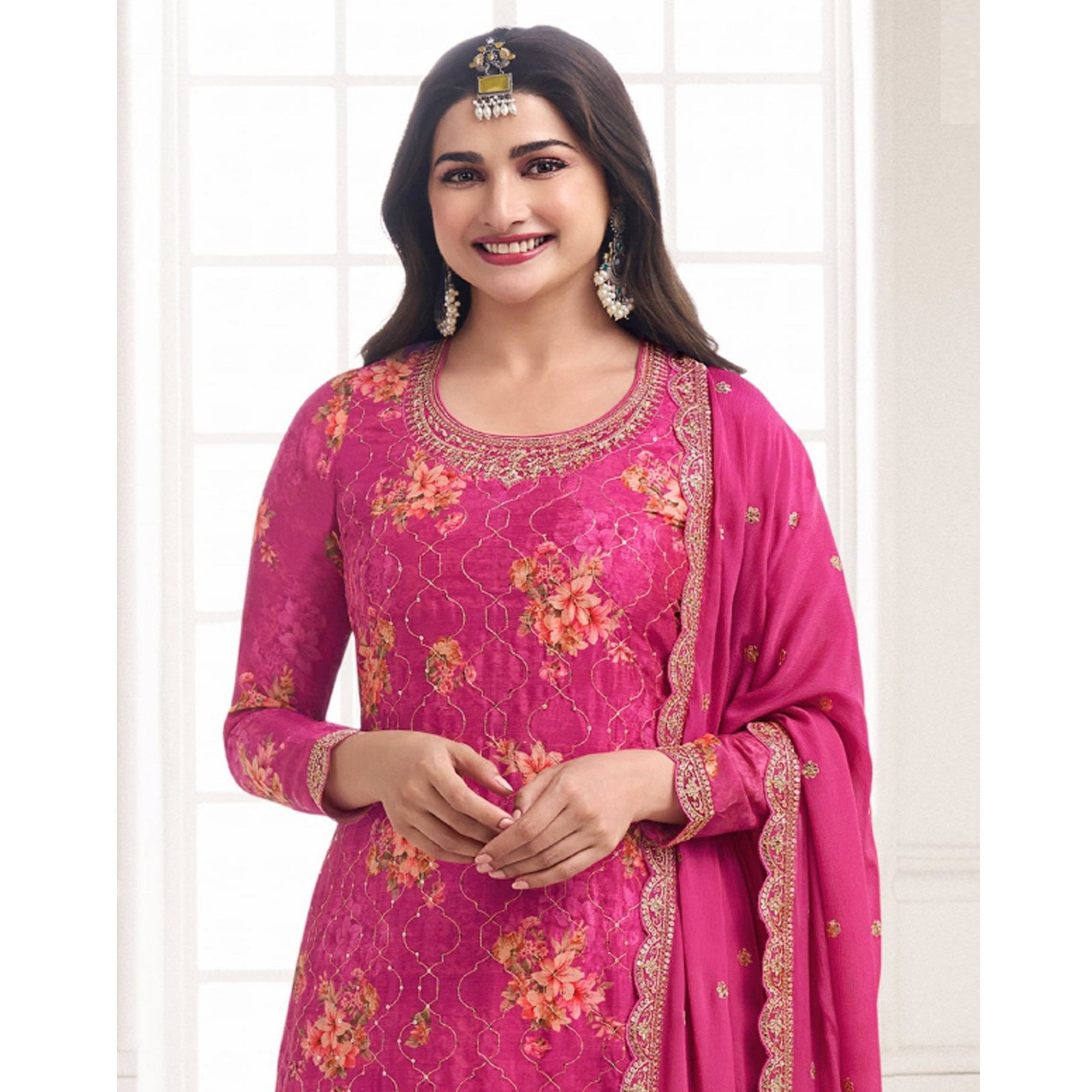 Pink Embroidered Chinon Semi Stitched Dress Material