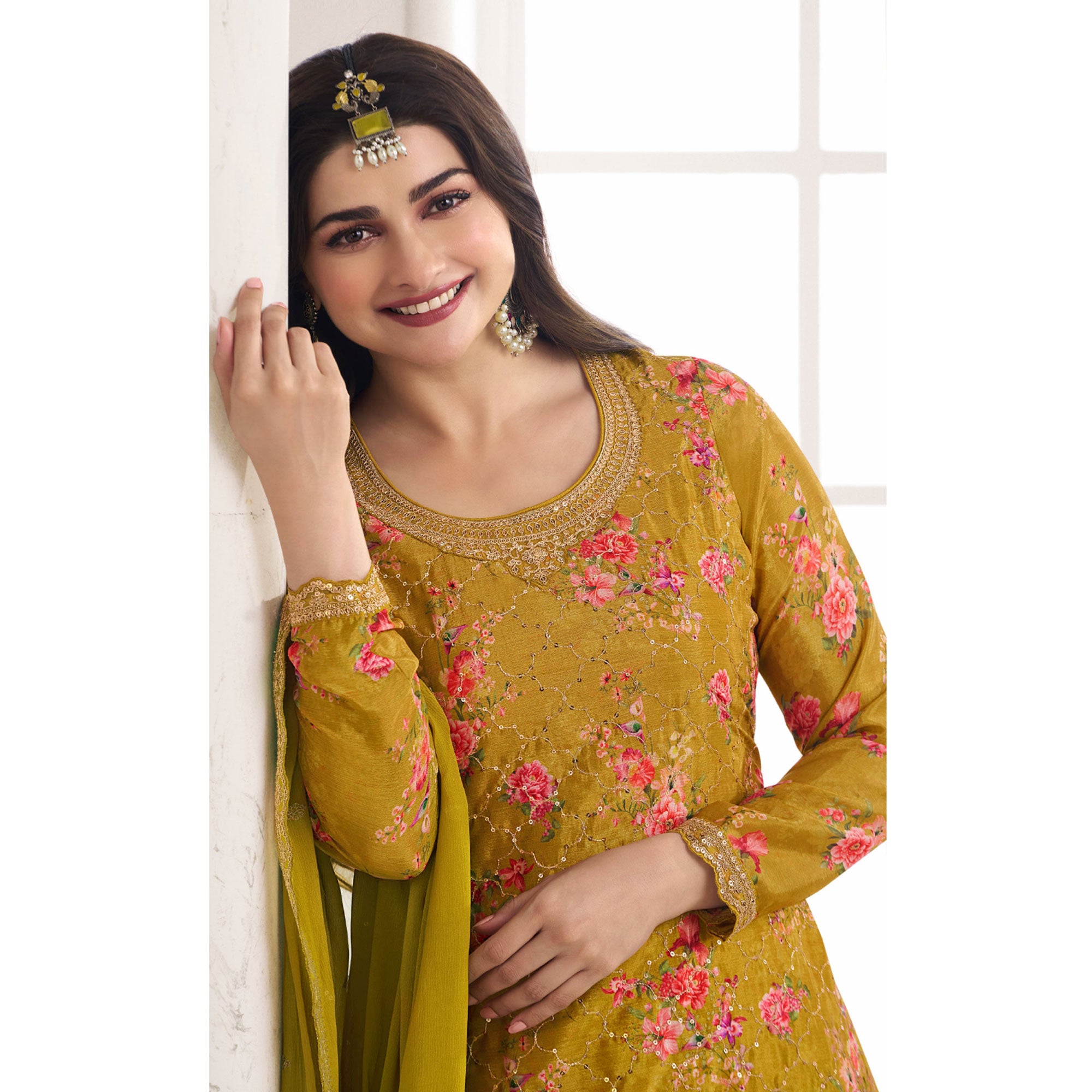 Mustard Embroidered Chinon Semi Stitched Dress Material