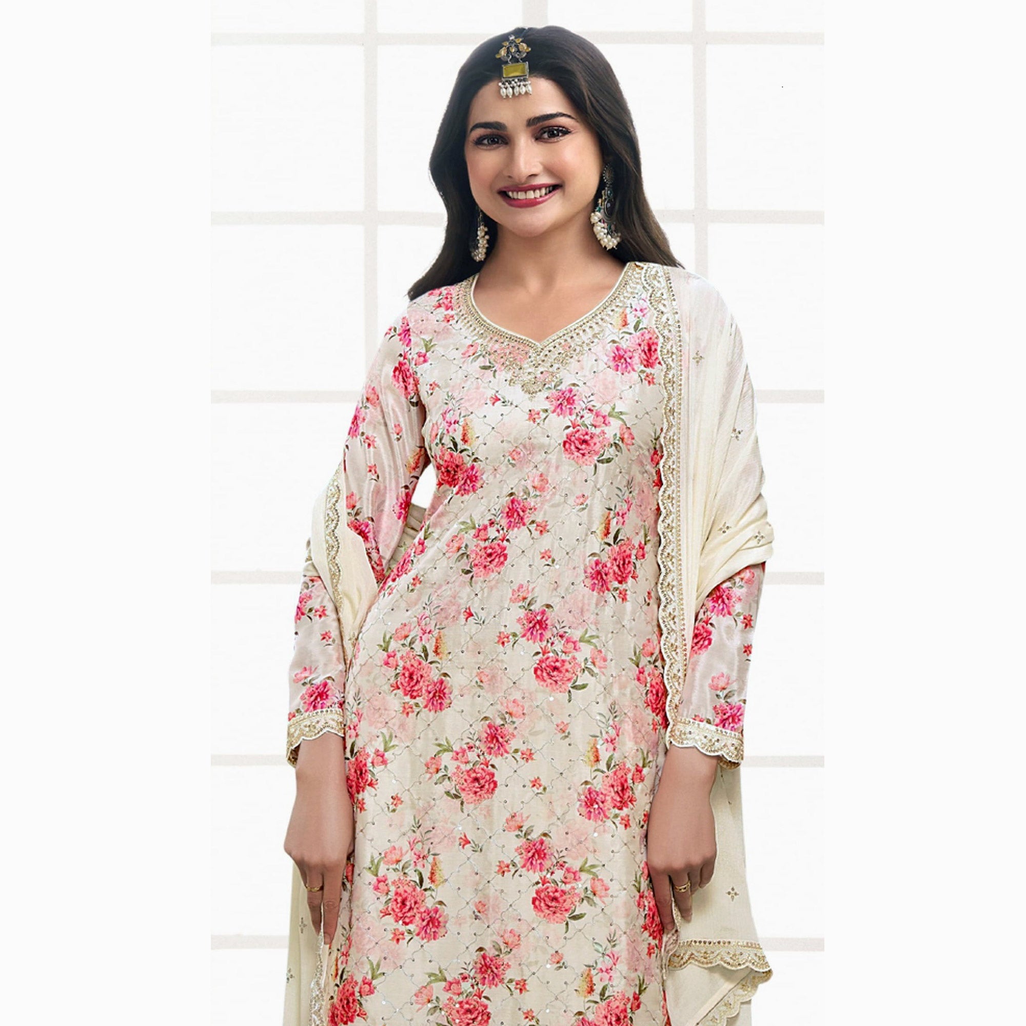 Cream Embroidered Chinon Semi Stitched Dress Material