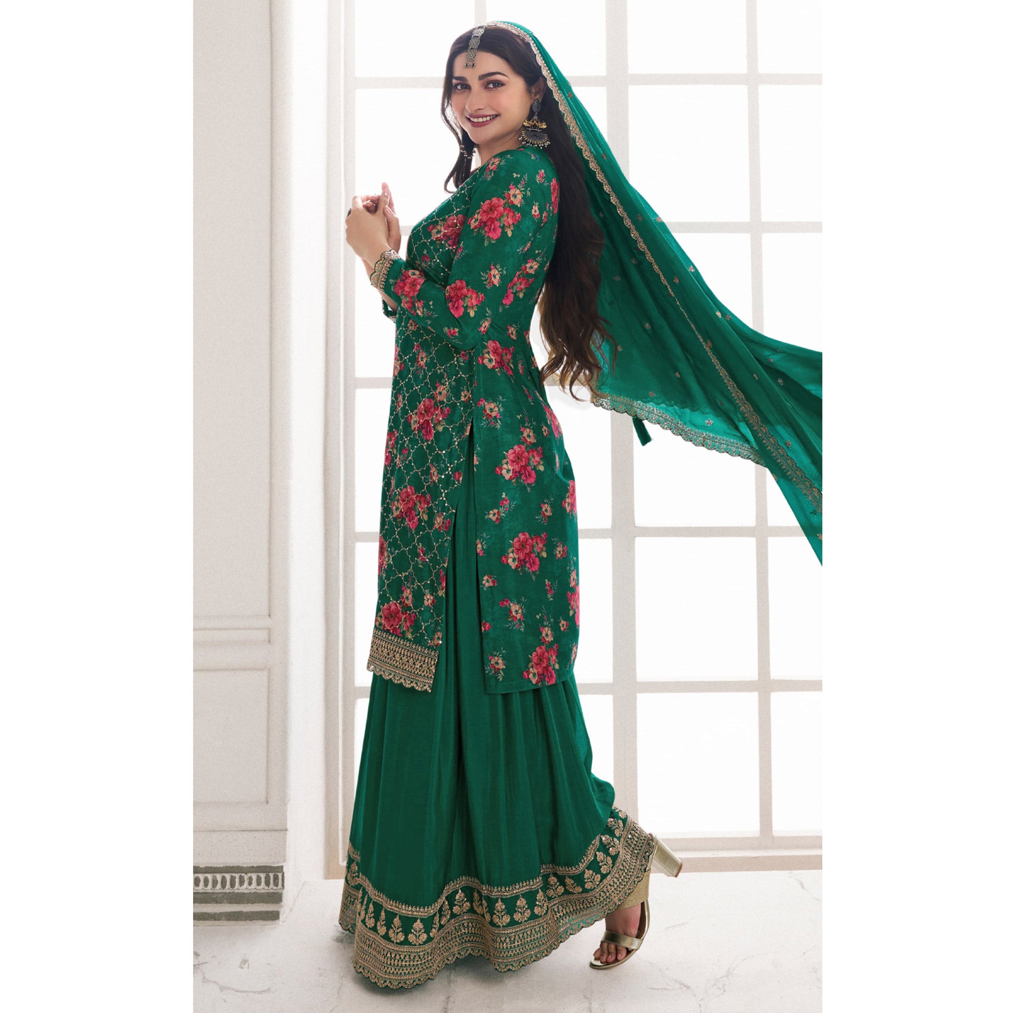 Green Embroidered Chinon Semi Stitched Dress Material