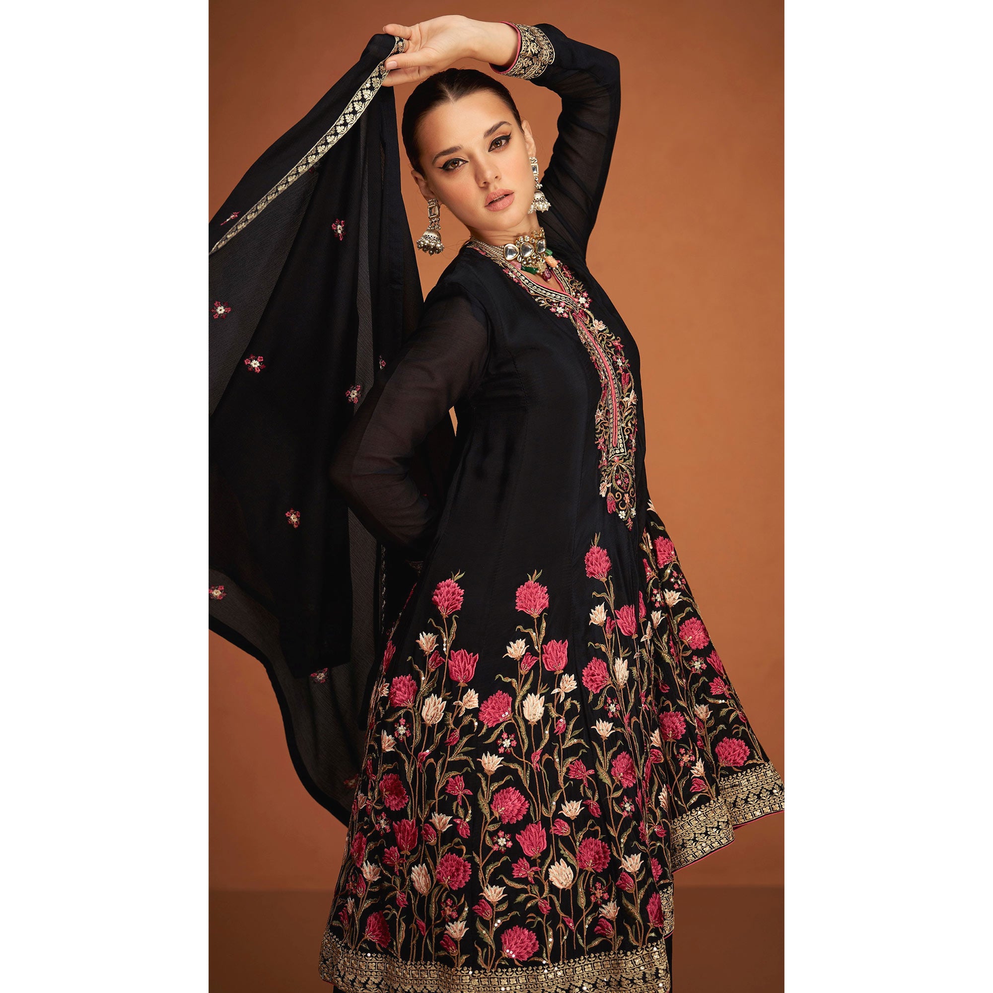 Black Floral Sequins Embroidered Georgette Sharara Suit