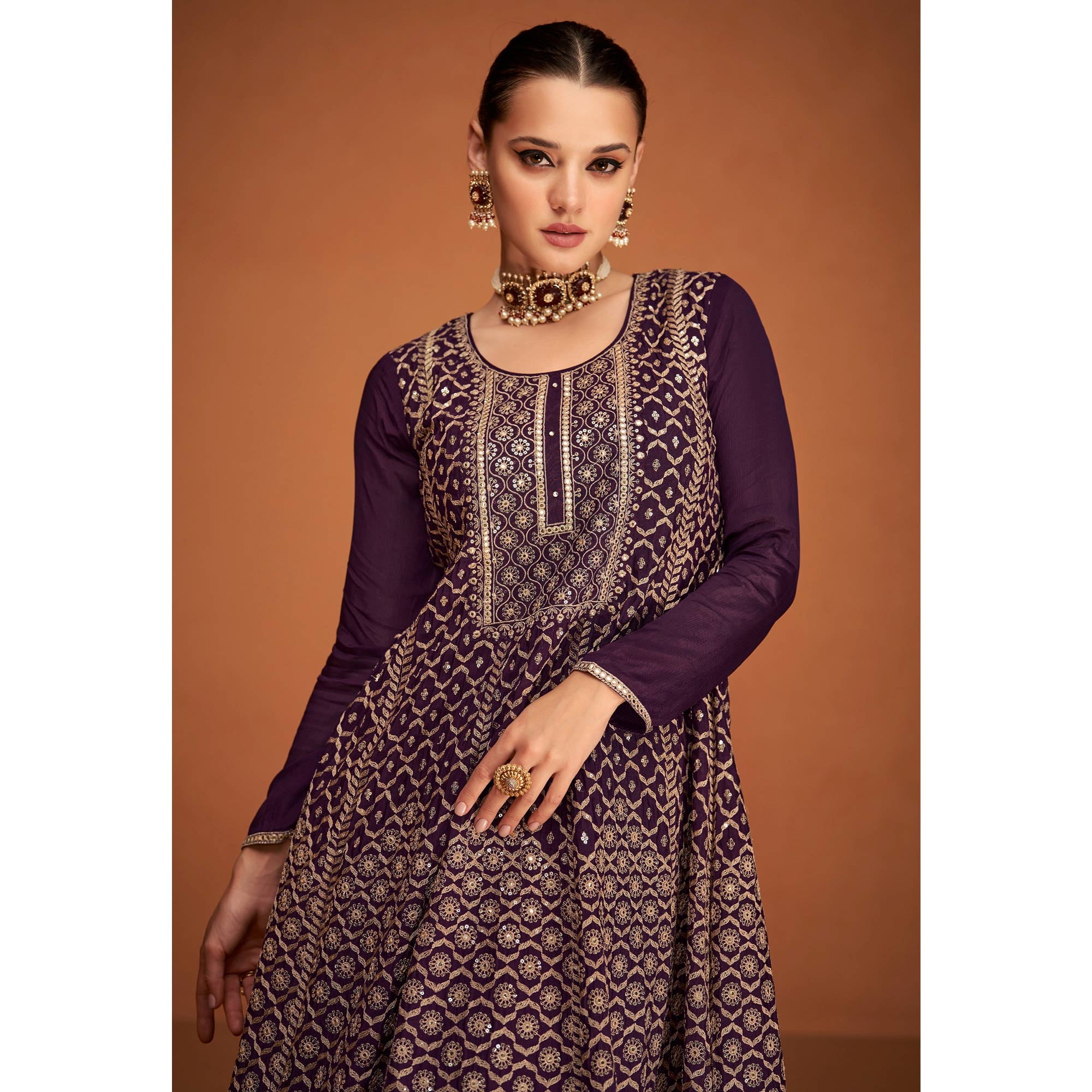 Purple Floral Sequins Embroidered Georgette Sharara Suit