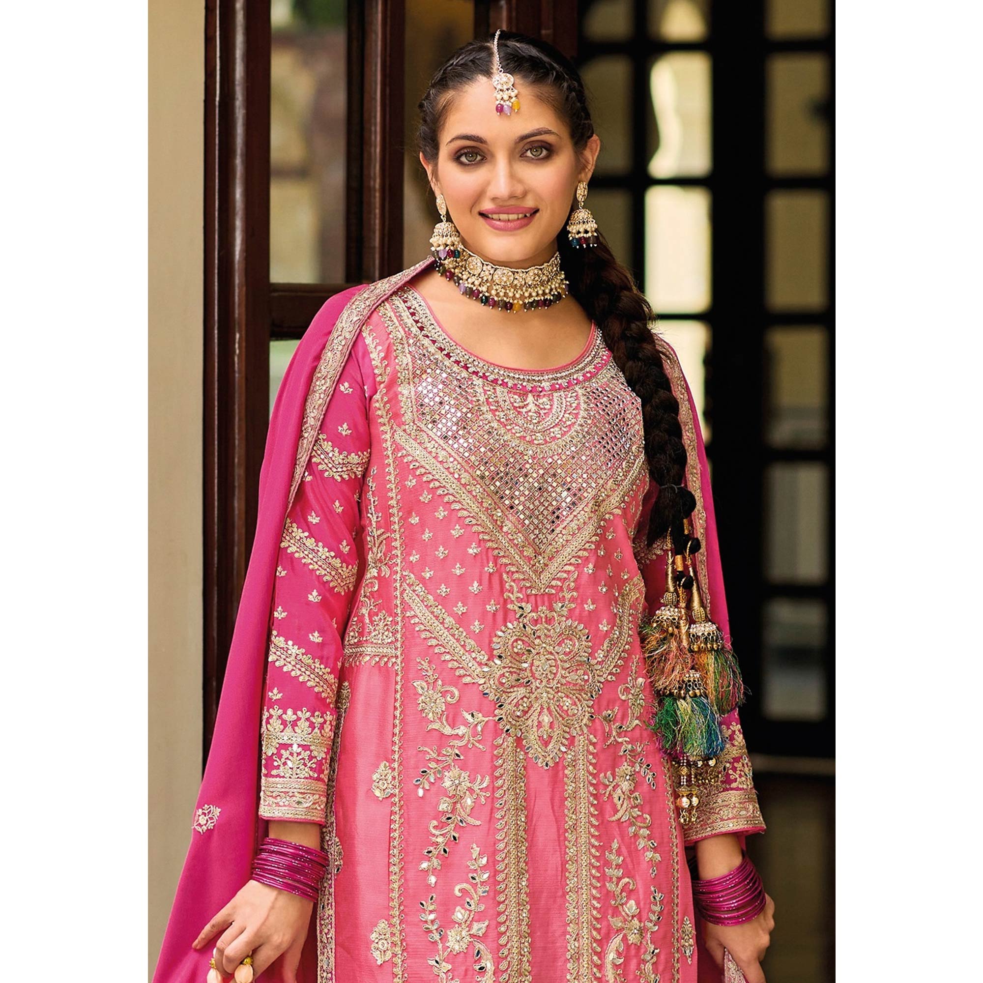 Pink Floral Embroidered Chinon Palazzo Suit