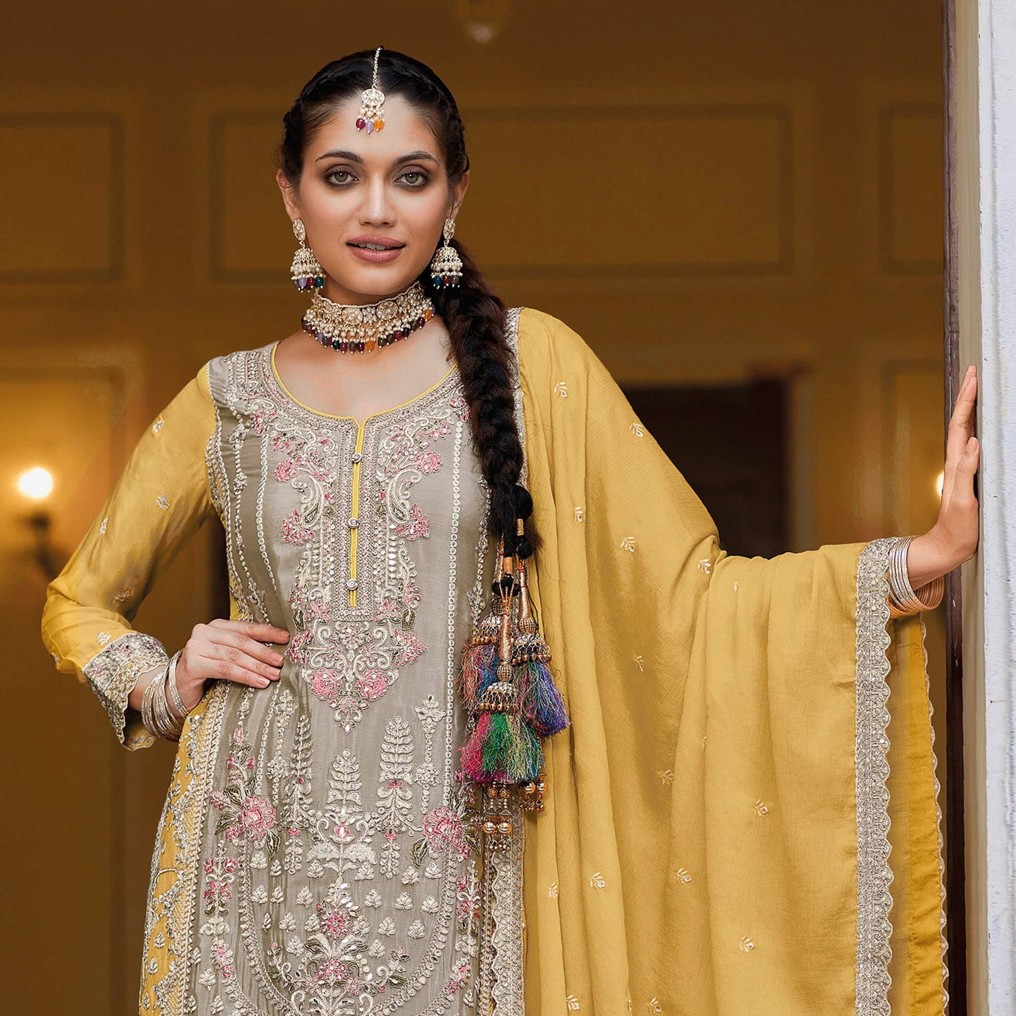 Grey Floral Embroidered Chinon Palazzo Suit