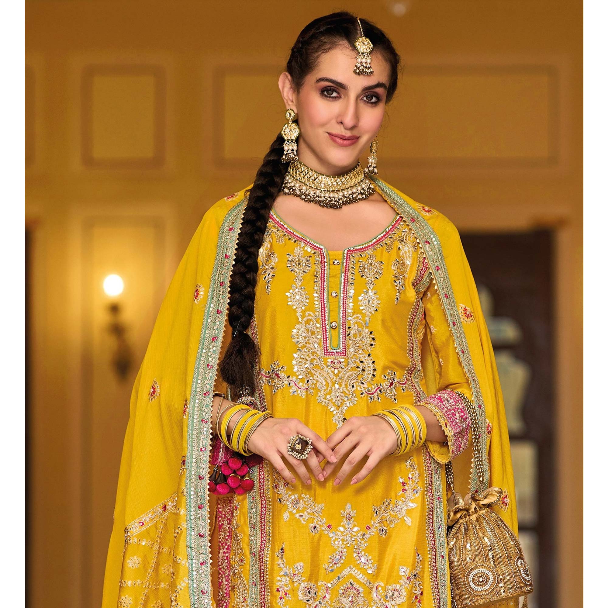 Yellow Floral Embroidered Chinon Palazzo Suit