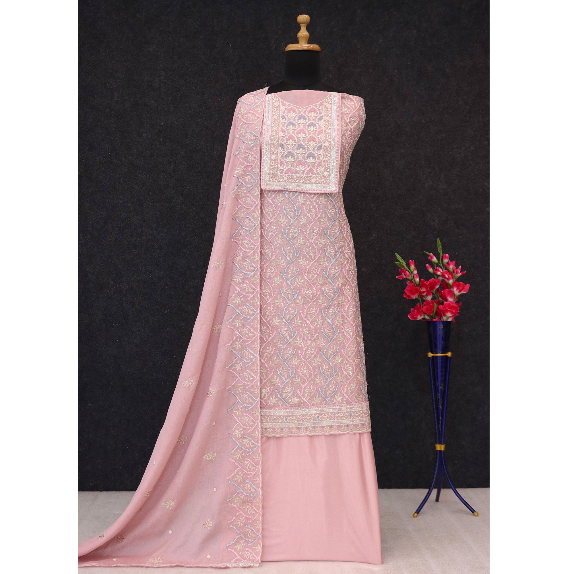 Pink Floral Sequins Embroidered Chinon Semi Stitched Suit