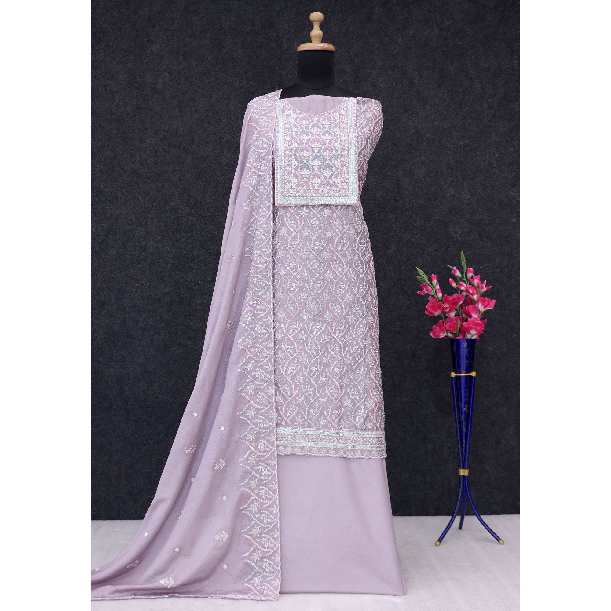 Lavender Floral Sequins Embroidered Chinon Semi Stitched Suit