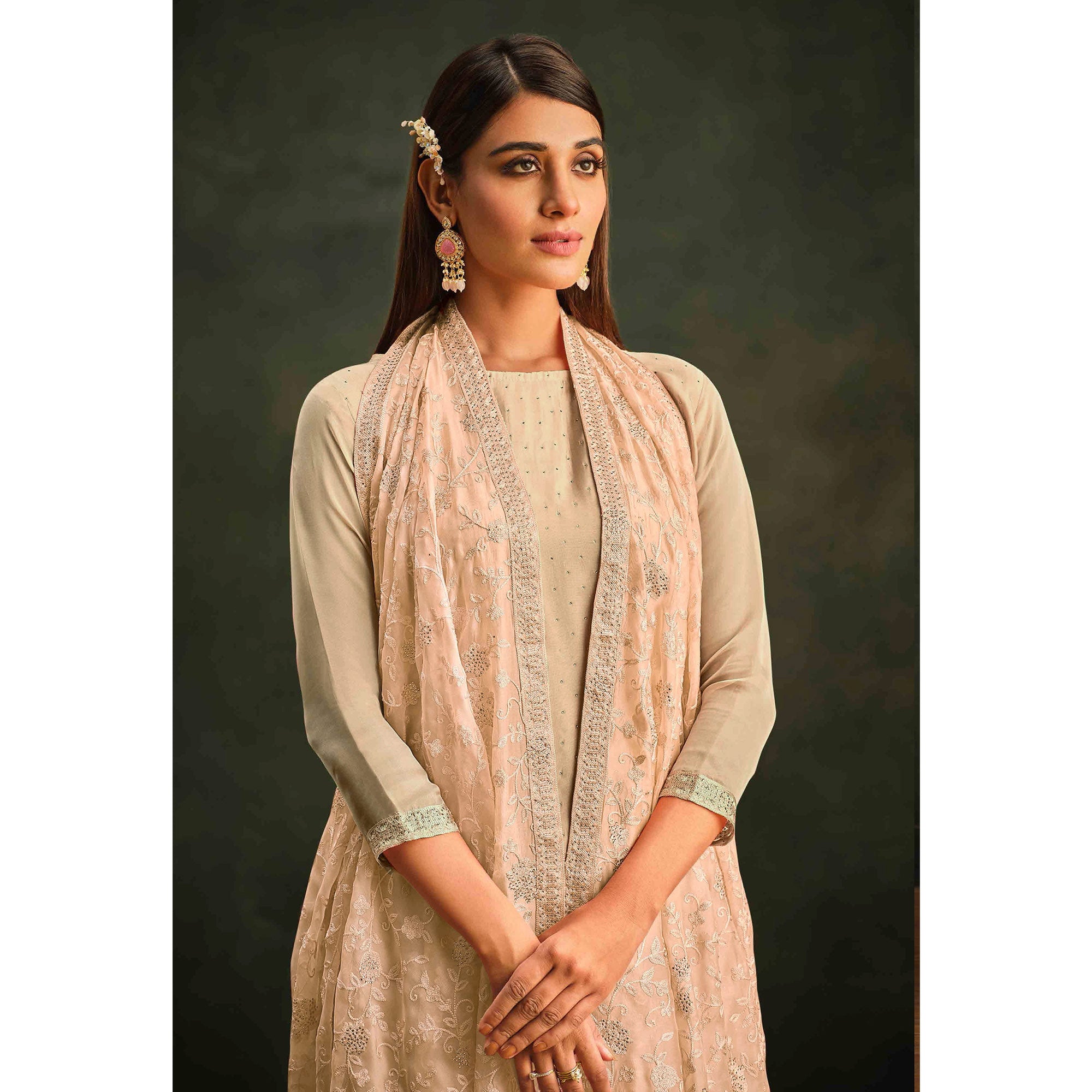 Peach Swarovski Work Organza Semi Stitched Salwar Suit