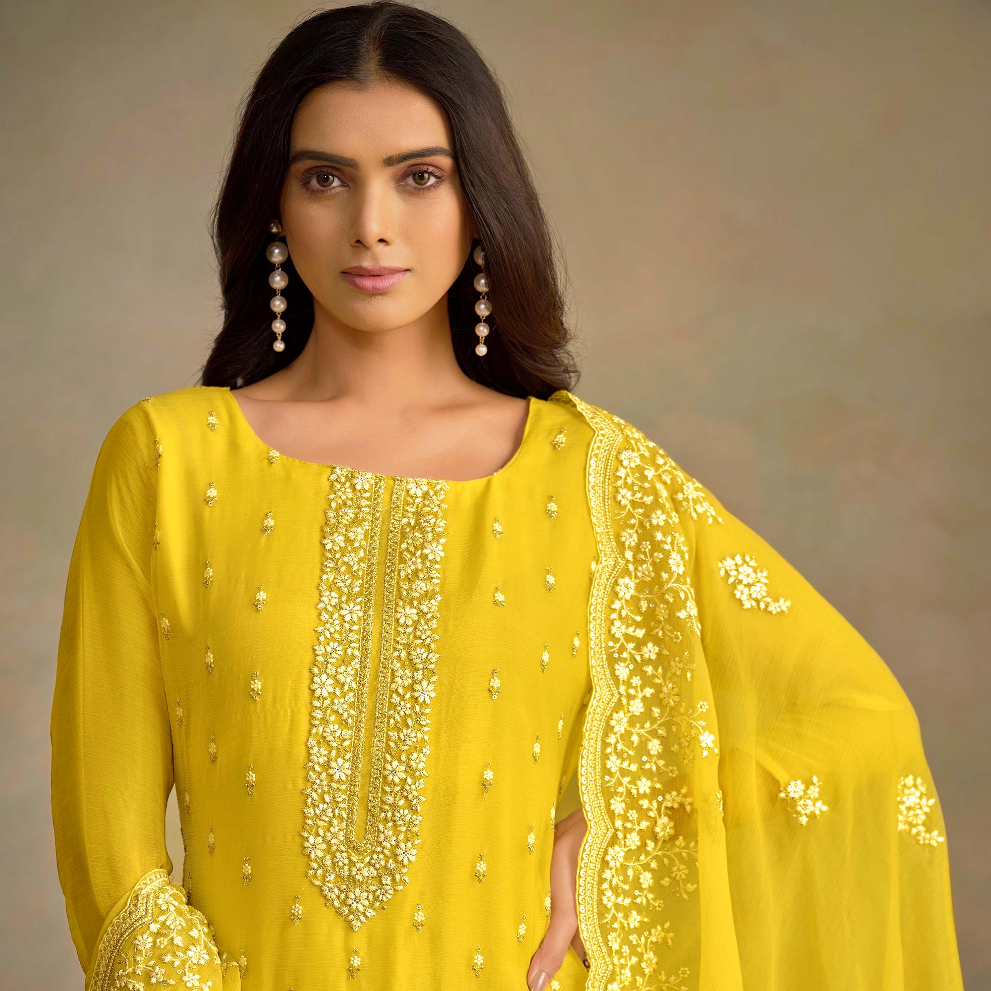 Yellow Floral Sequins Embroidered Organza Semi Stitched Salwar Suit