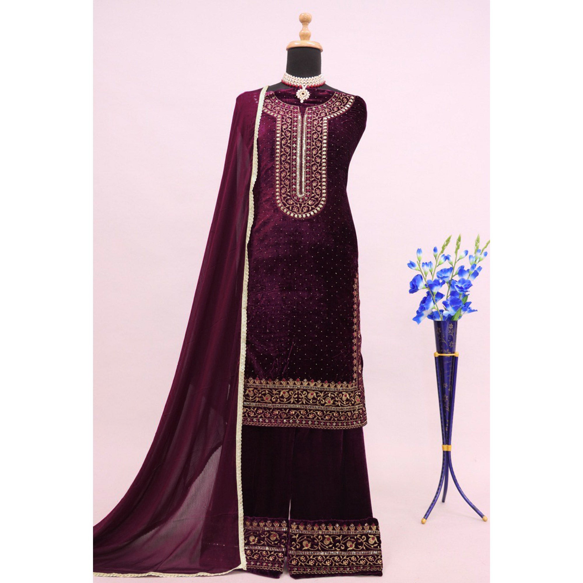 Wine Embroidered Velvet Semi Stitched Salwar Suit