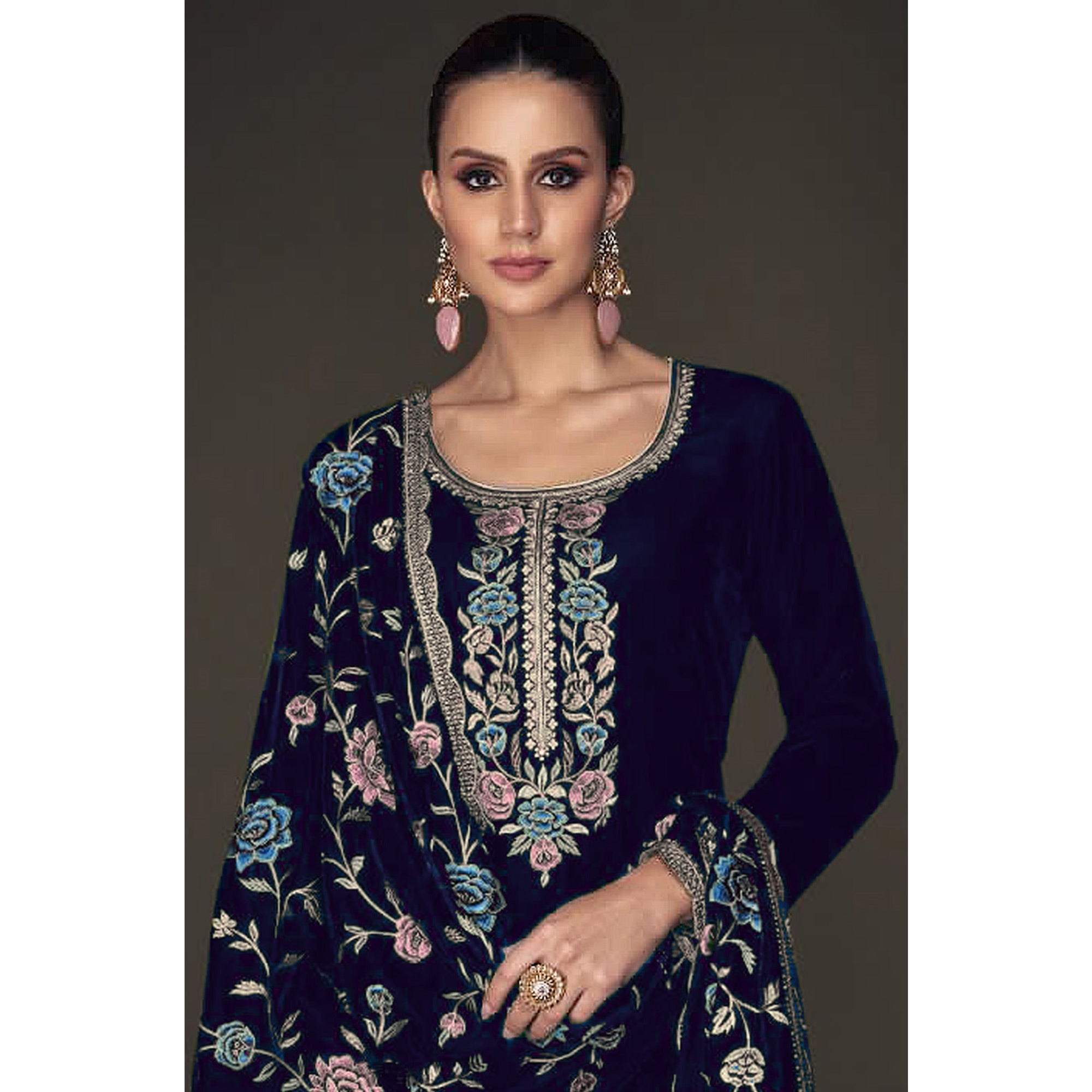Blue Floral Embroidered Velvet Semi Stitched Suit