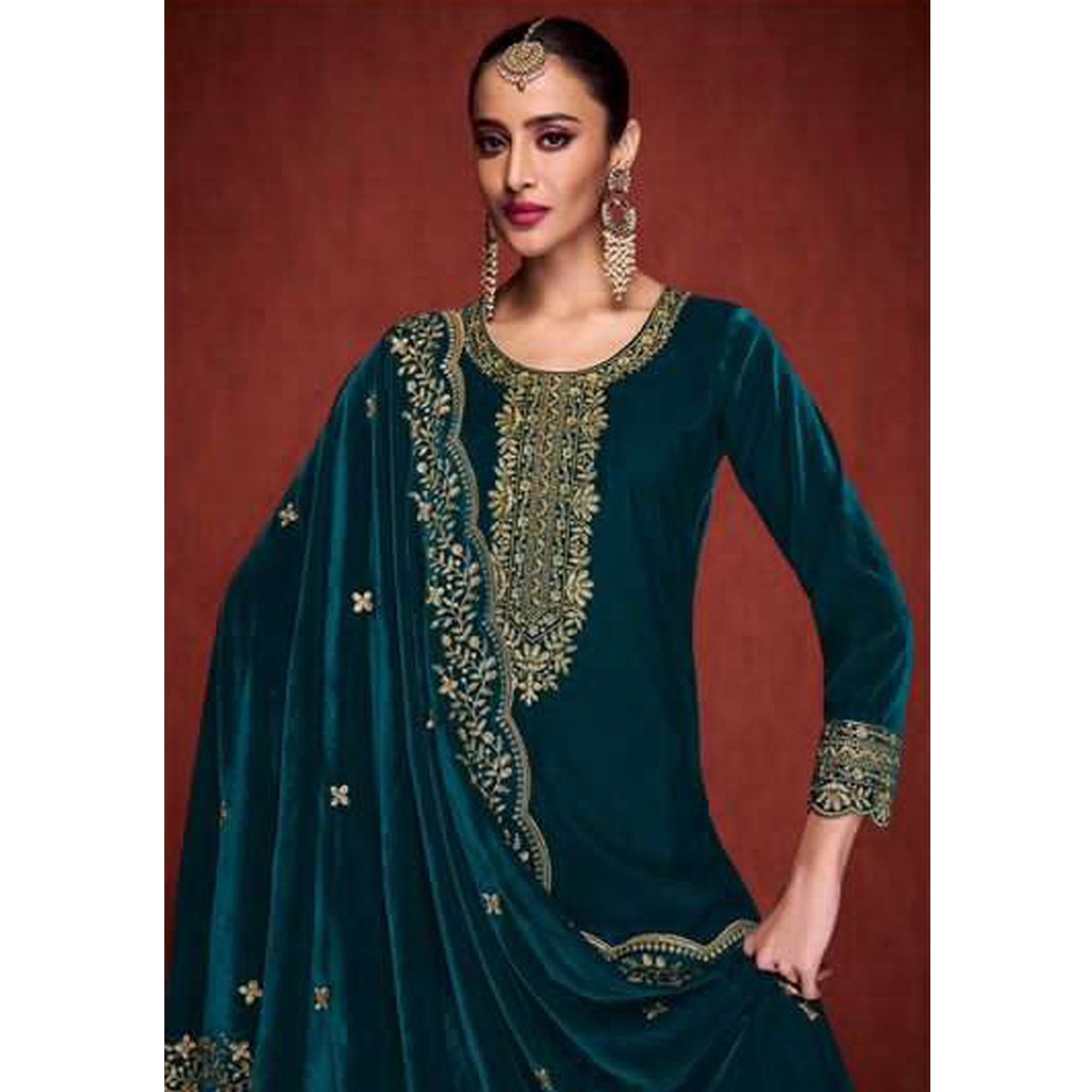 Morpich Floral Embroidered Velvet Semi Stitched Suit
