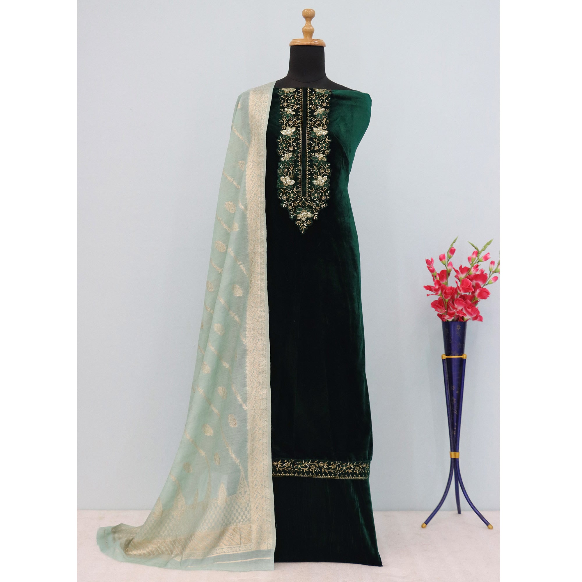 Green Embroidered Velvet Semi-Stitched Salwar Suit