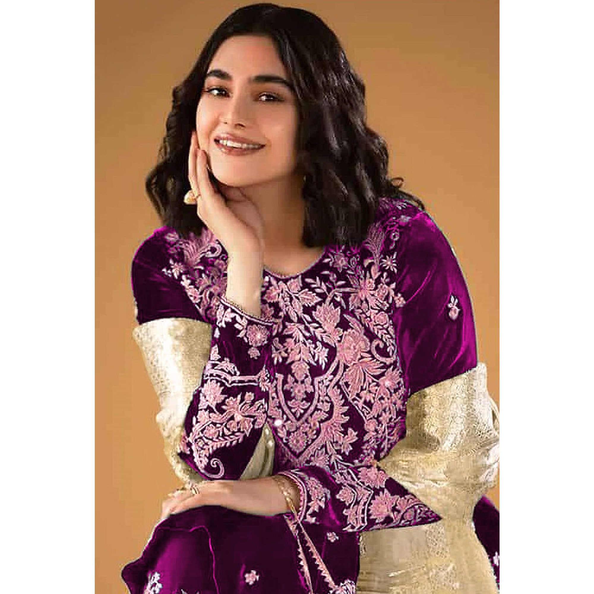 Purple Floral Embroidered Velvet Semi Stitched Suit