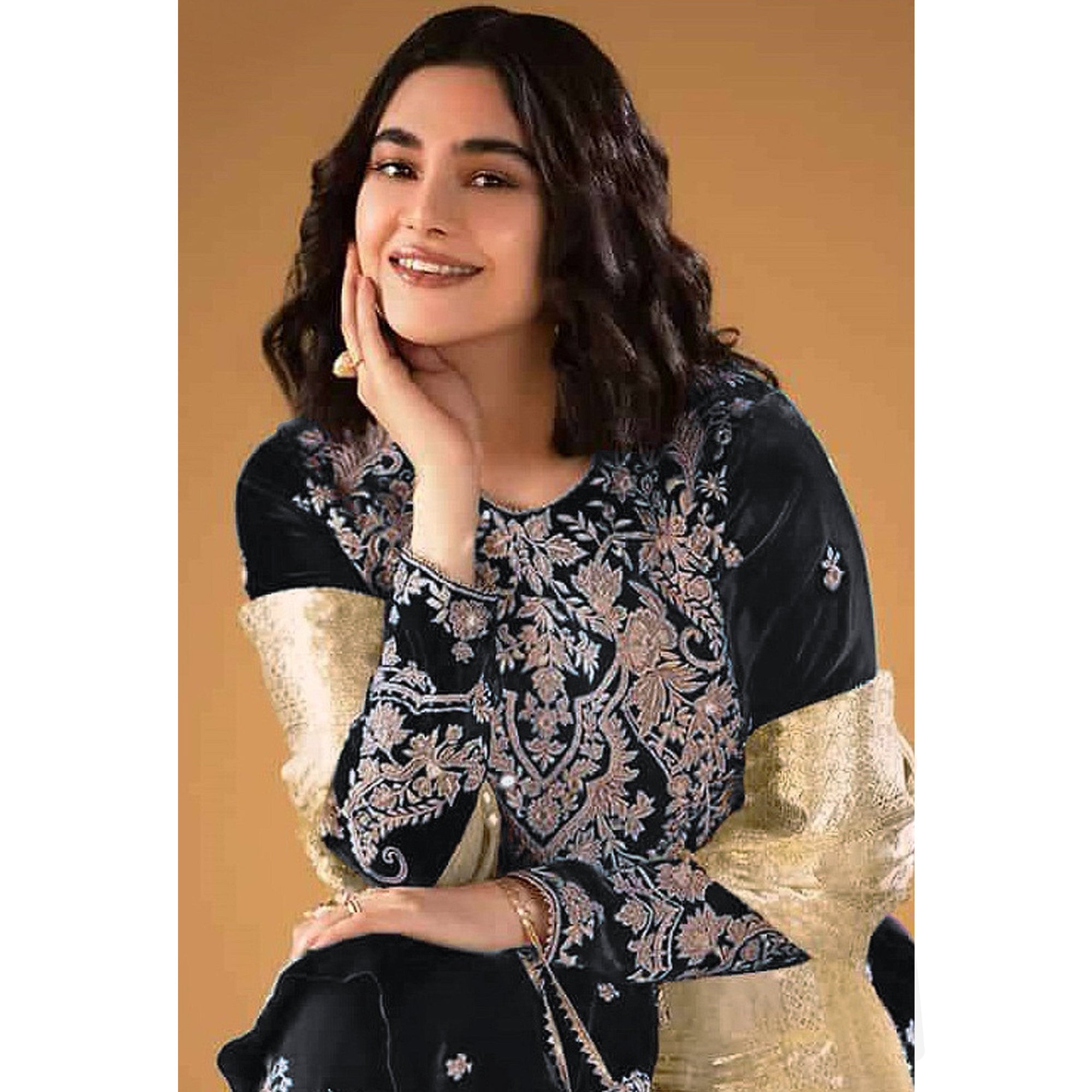 Black Floral Embroidered Velvet Semi Stitched Suit