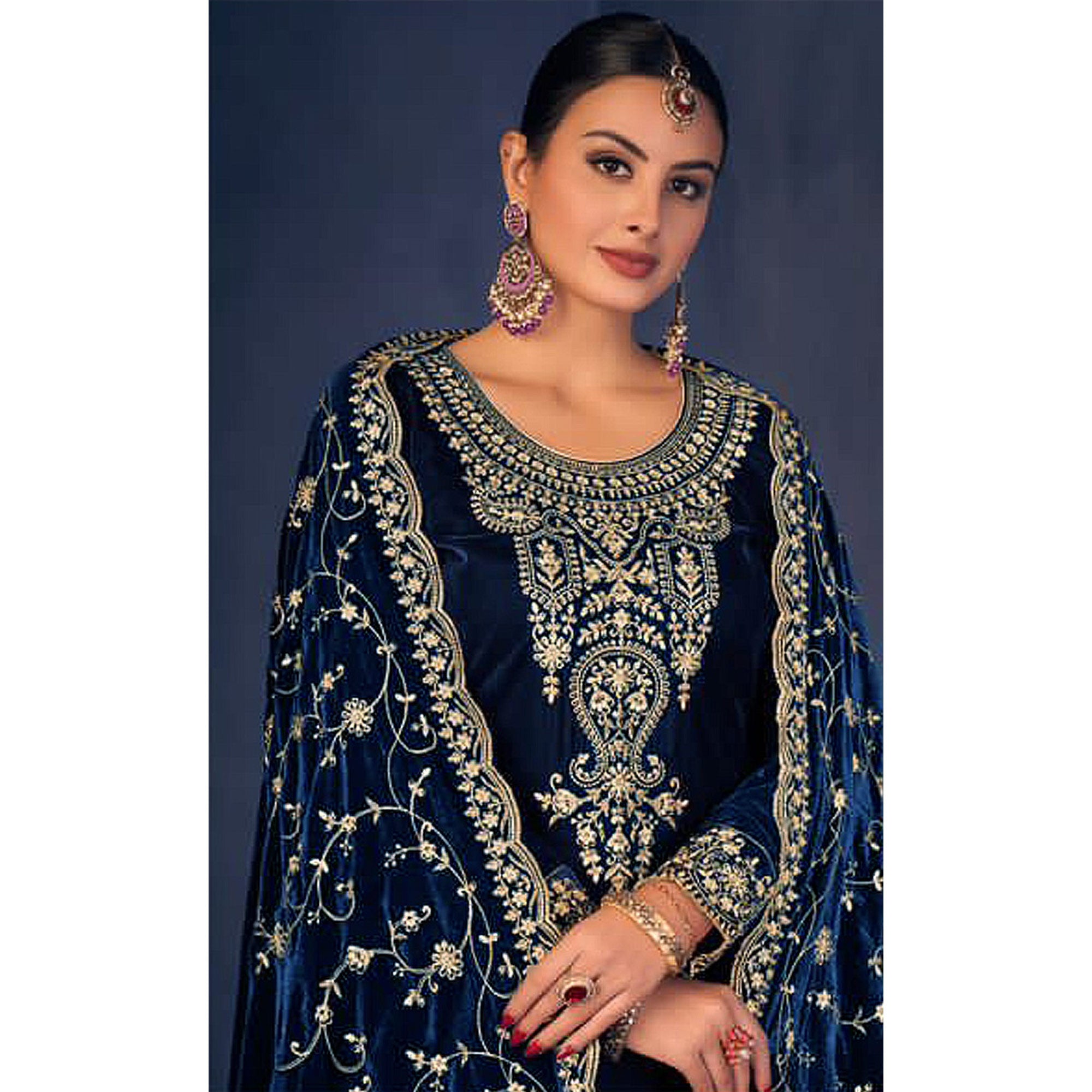 Blue Floral Sequins Embroidered Velvet Semi Stitched Suit