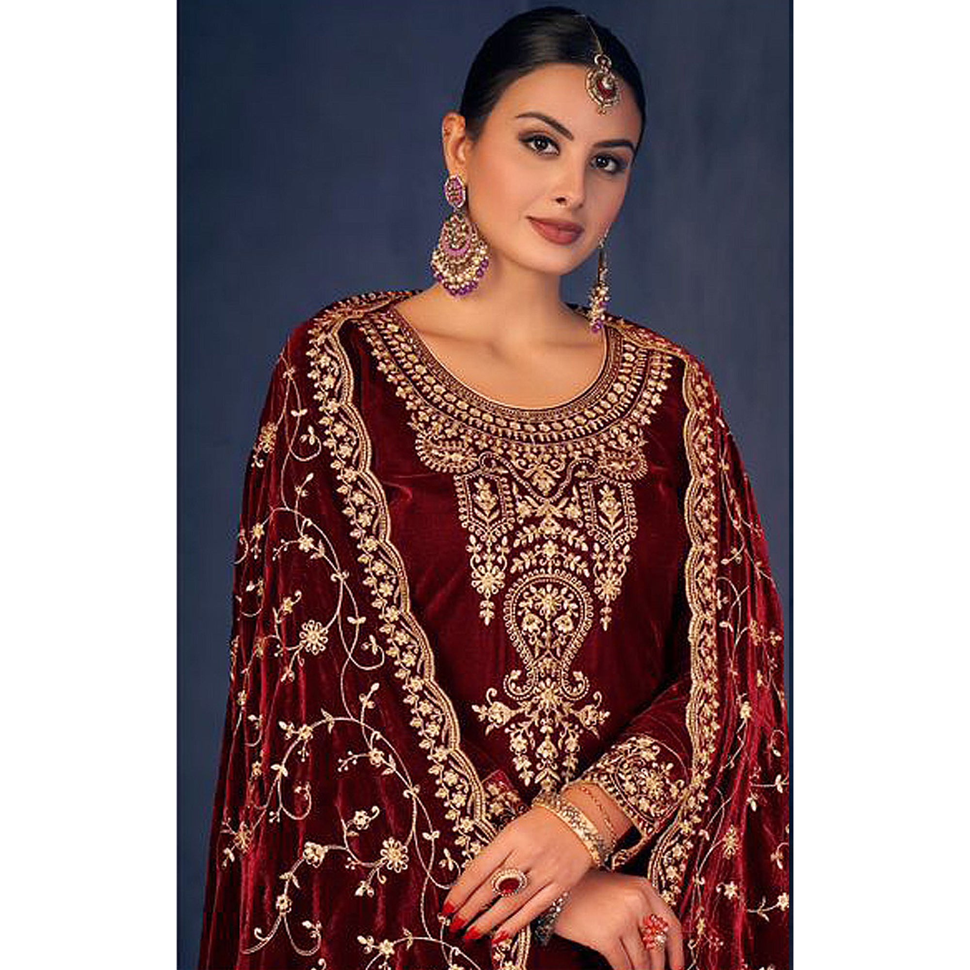 Maroon Floral Sequins Embroidered Velvet Semi Stitched Suit