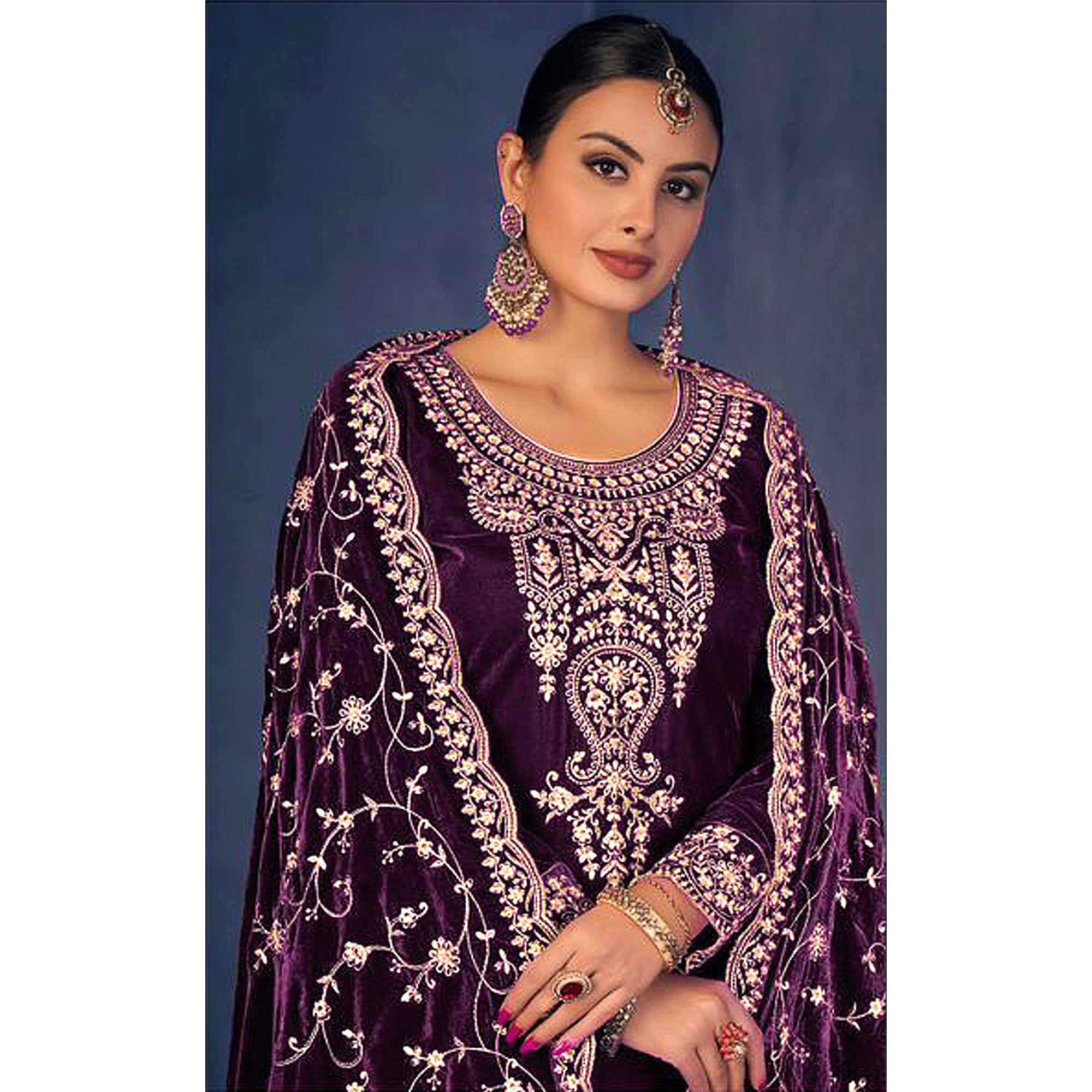 Purple Floral Sequins Embroidered Velvet Semi Stitched Suit