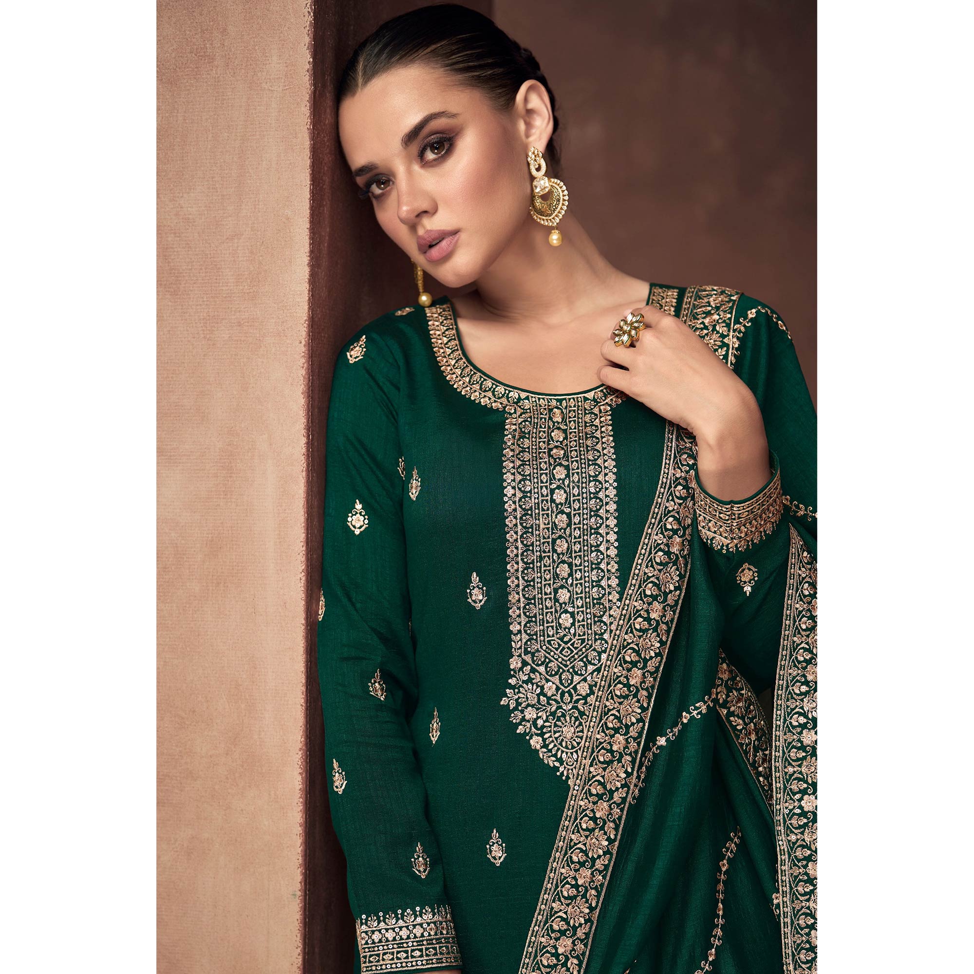 Green Floral Embroidered Art Silk Semi Stitched Suit