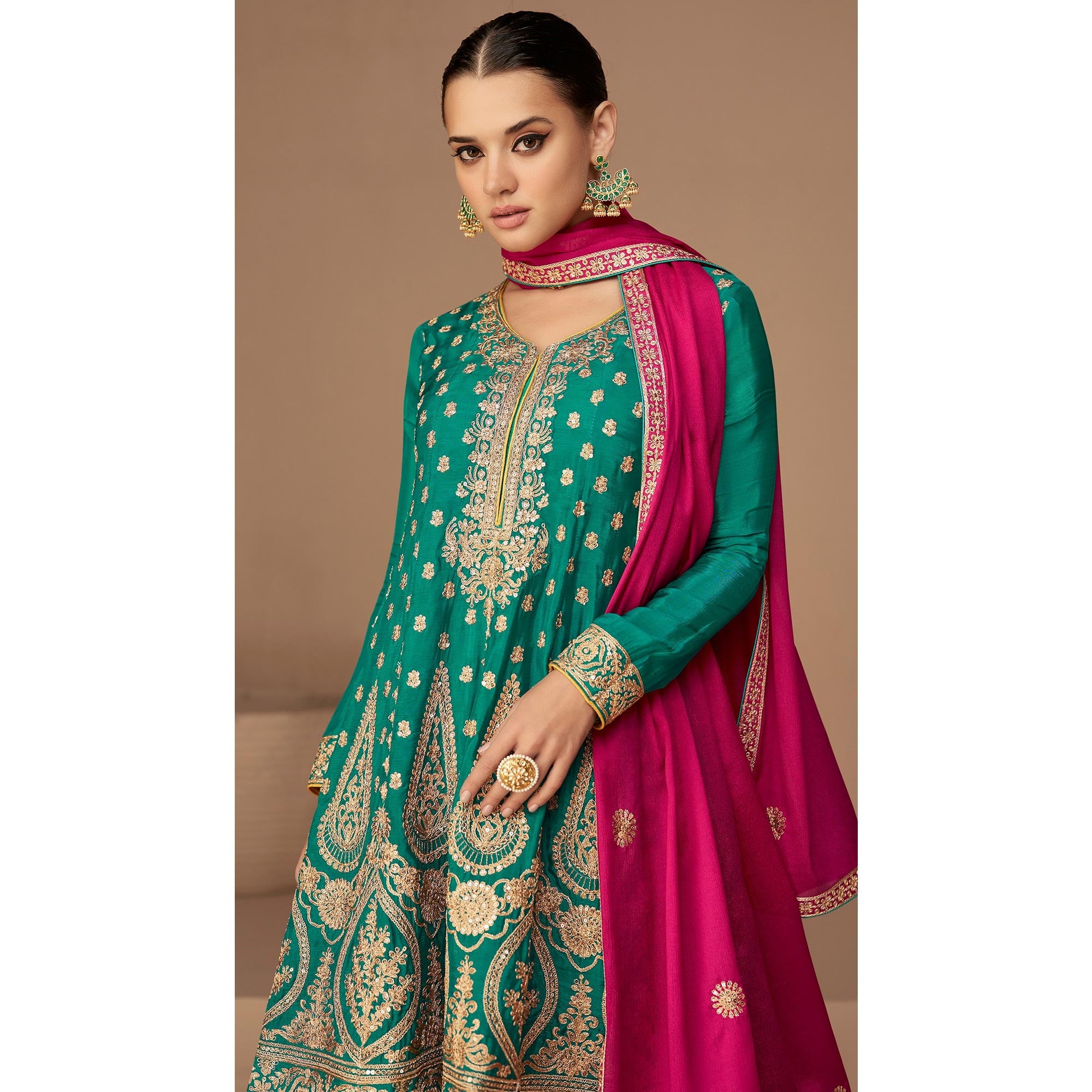 Rama Green & Mustard Floral Embroidered Georgette Semi Stitched Suit