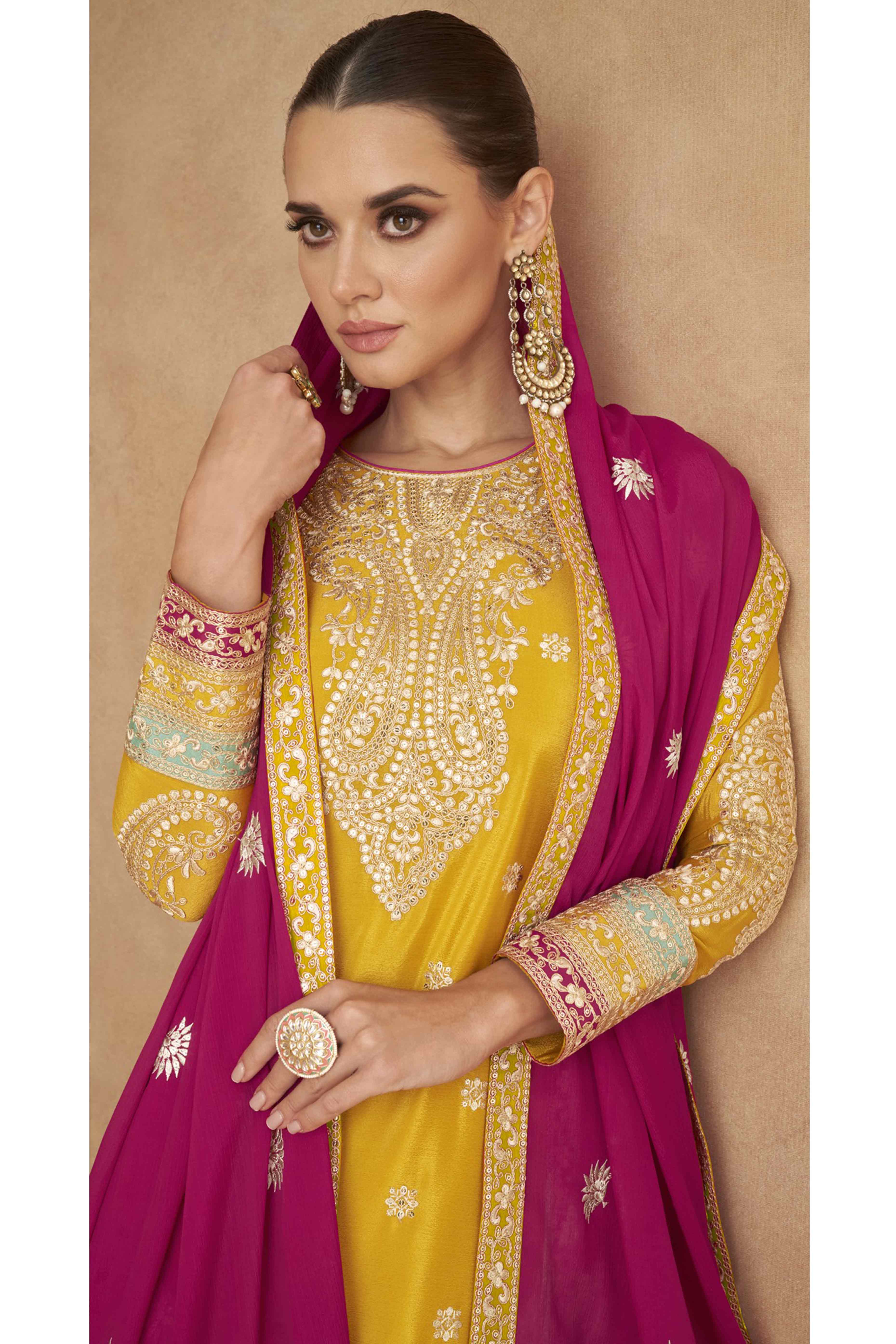 Mustard Embroidered Sequins Work Chinon Semi-Stitched Salwar Suit