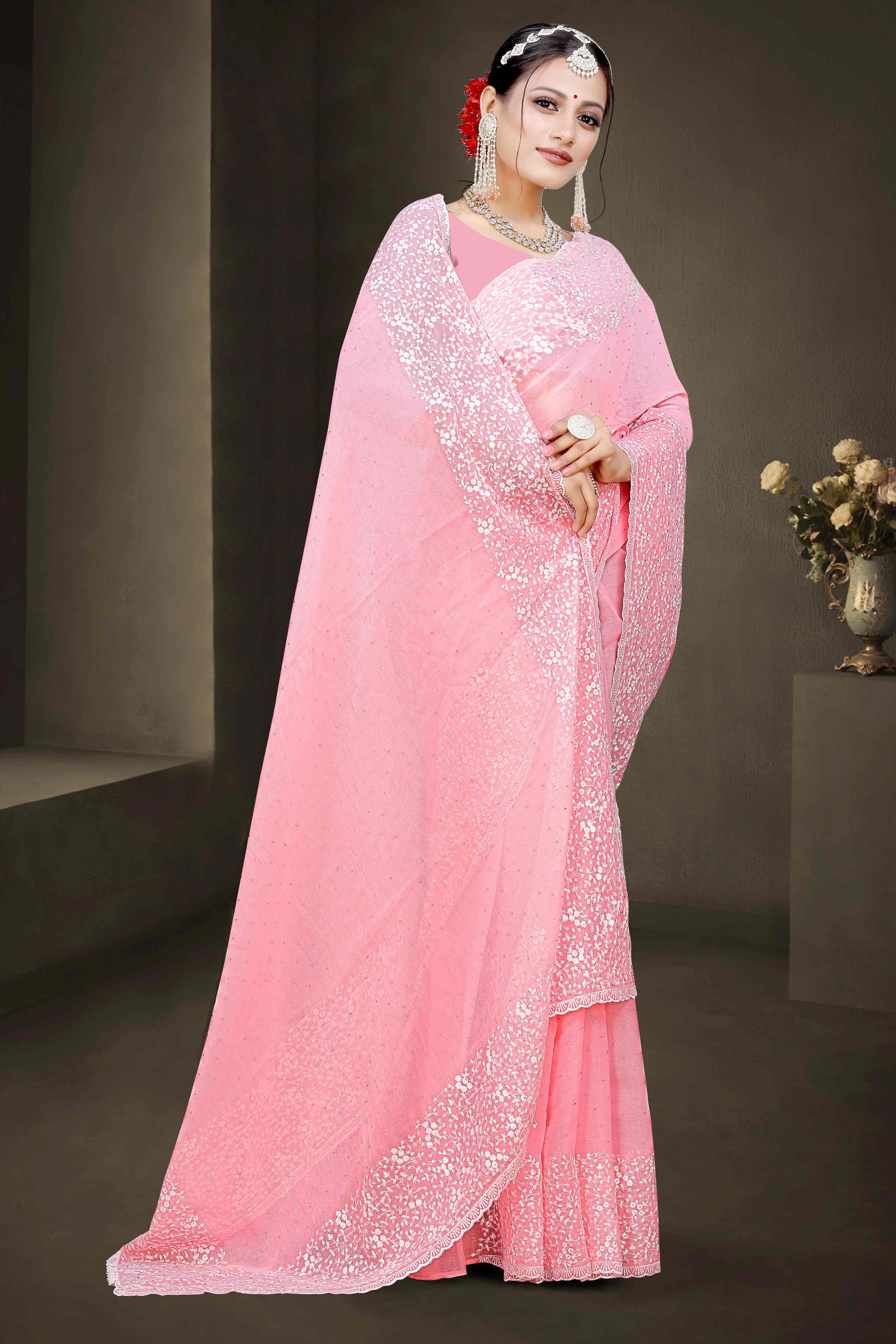 Pink Floral Embroidery With Stonework Chiffon Shimmer Saree