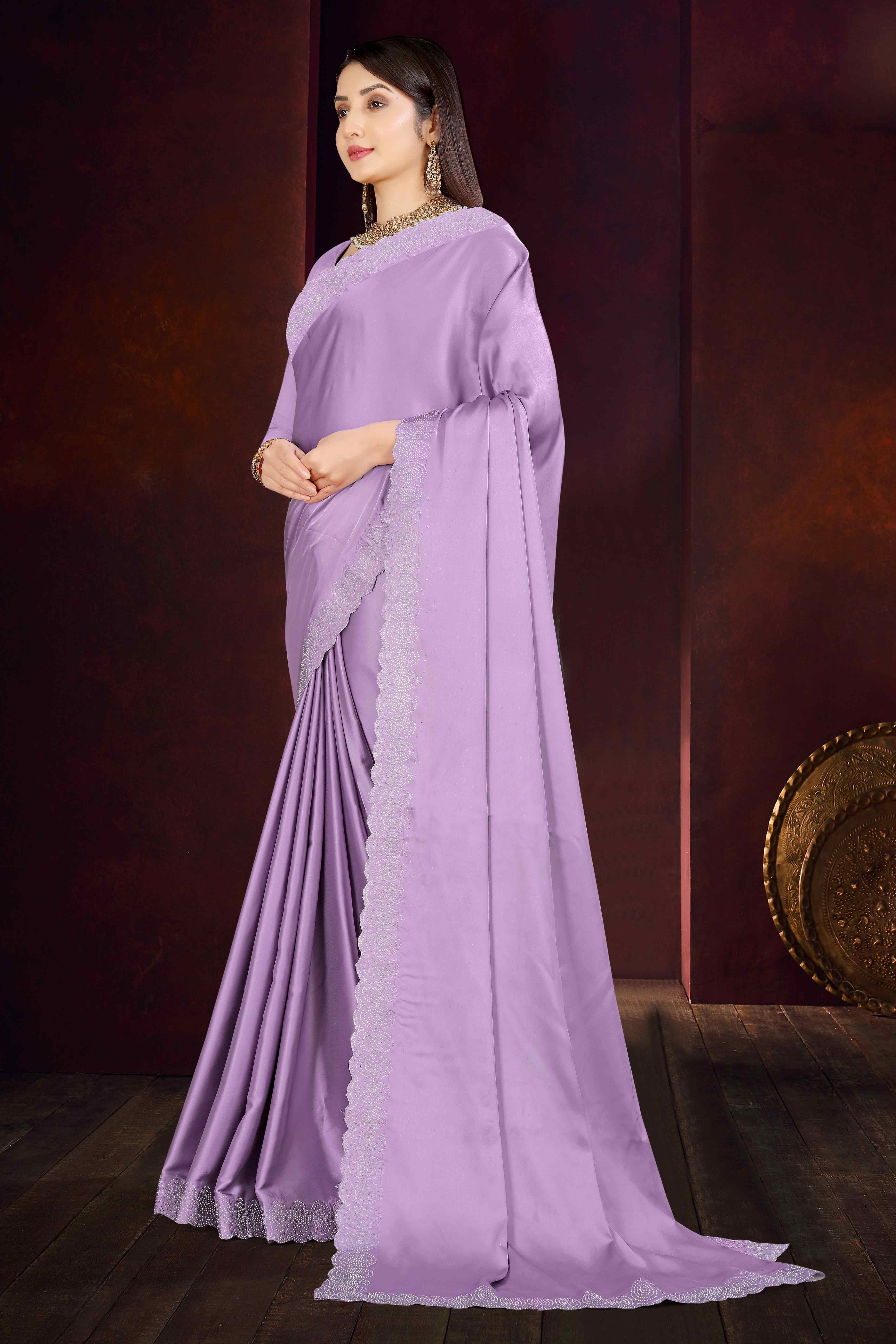 Lavender Solid With Swarovski Work Satin Saree
