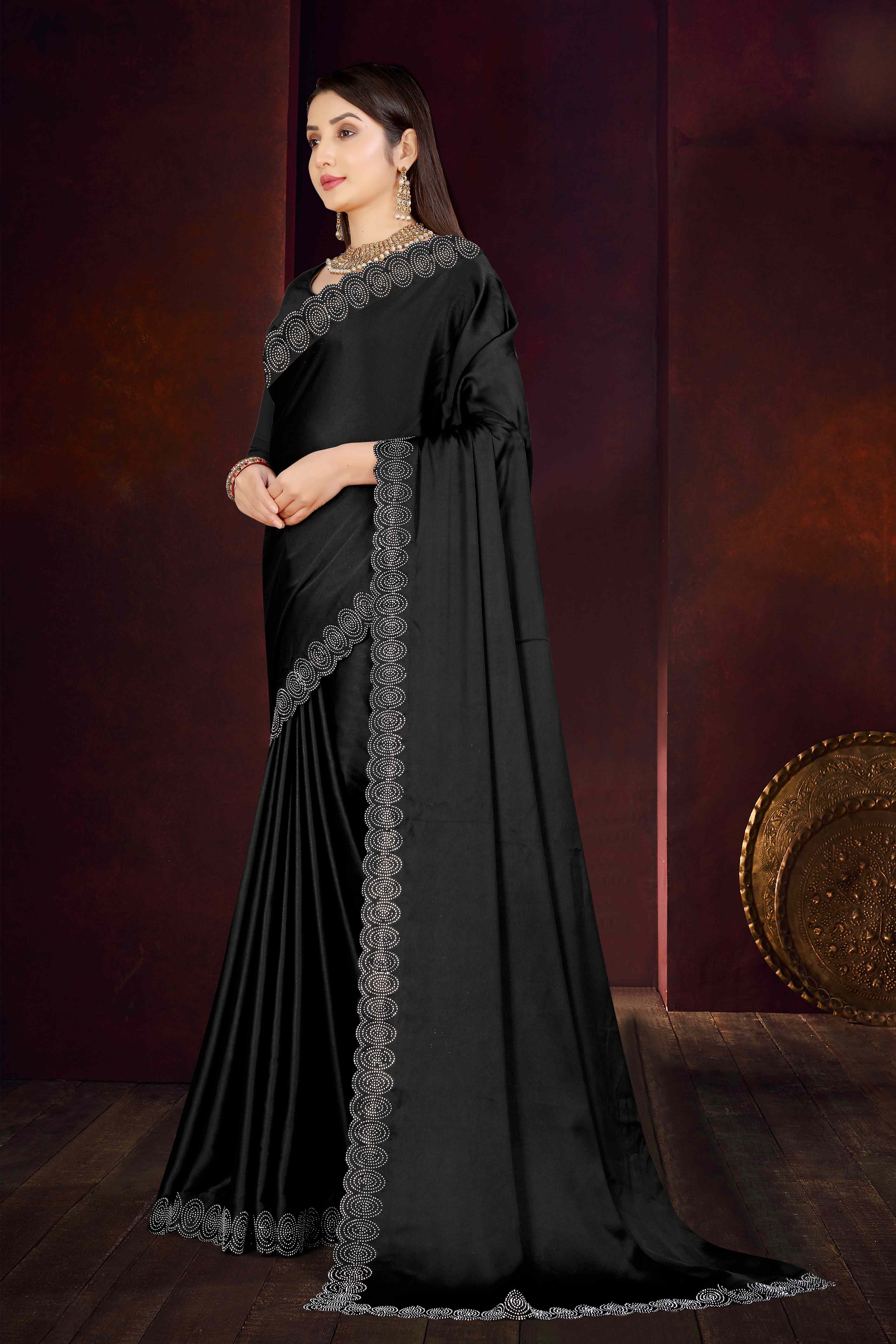 Black Solid With Swarovski Work Satin Saree