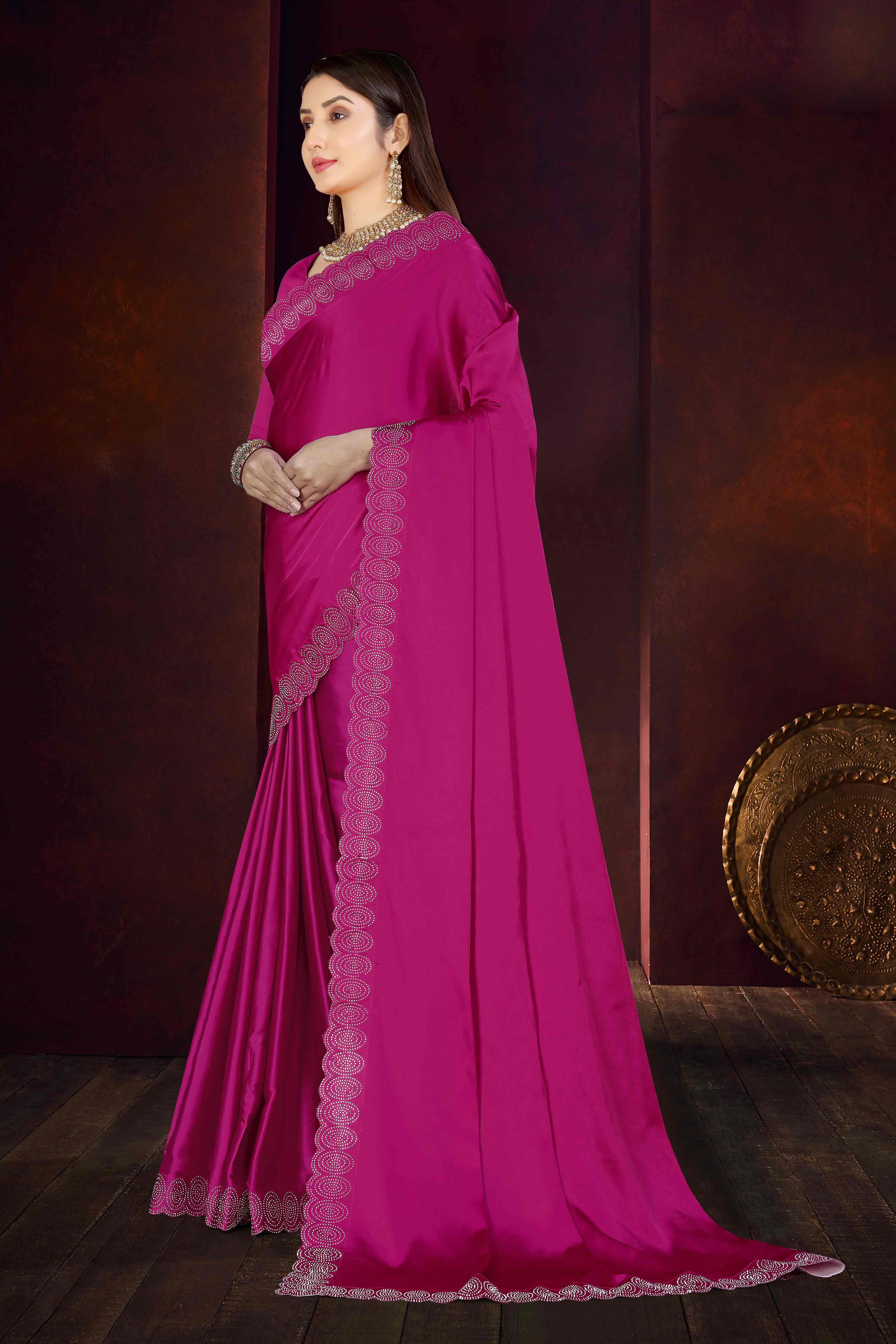 Magenta Solid With Swarovski Work Satin Saree