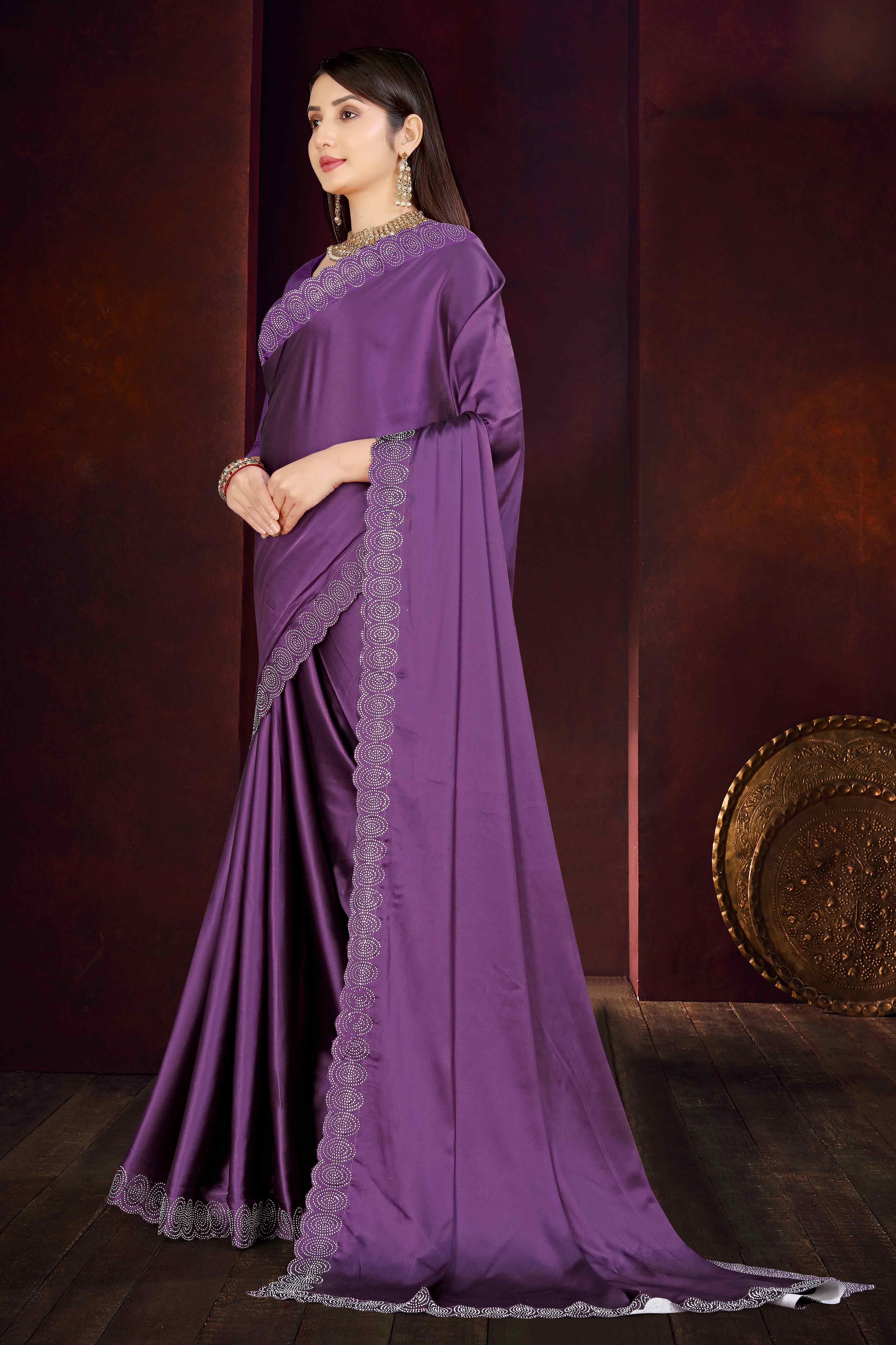 Purple Solid With Swarovski Work Satin Saree